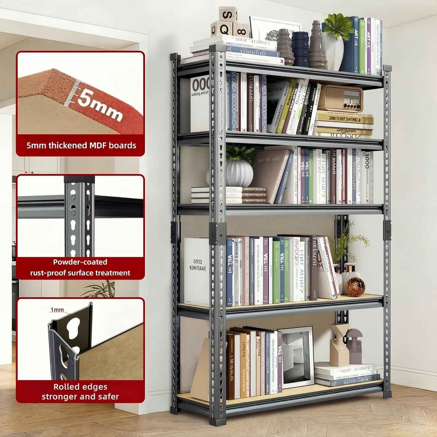 Garage Shelving Heavy Duty, 2450LBS Metal Storage Shelves 5 Tier, Adjustable Shelving Unit 36" W x 16" D x 72" H, Boltless Garage Storage Rack for Garage Basement, Pantry, Warehouse 1Pcs