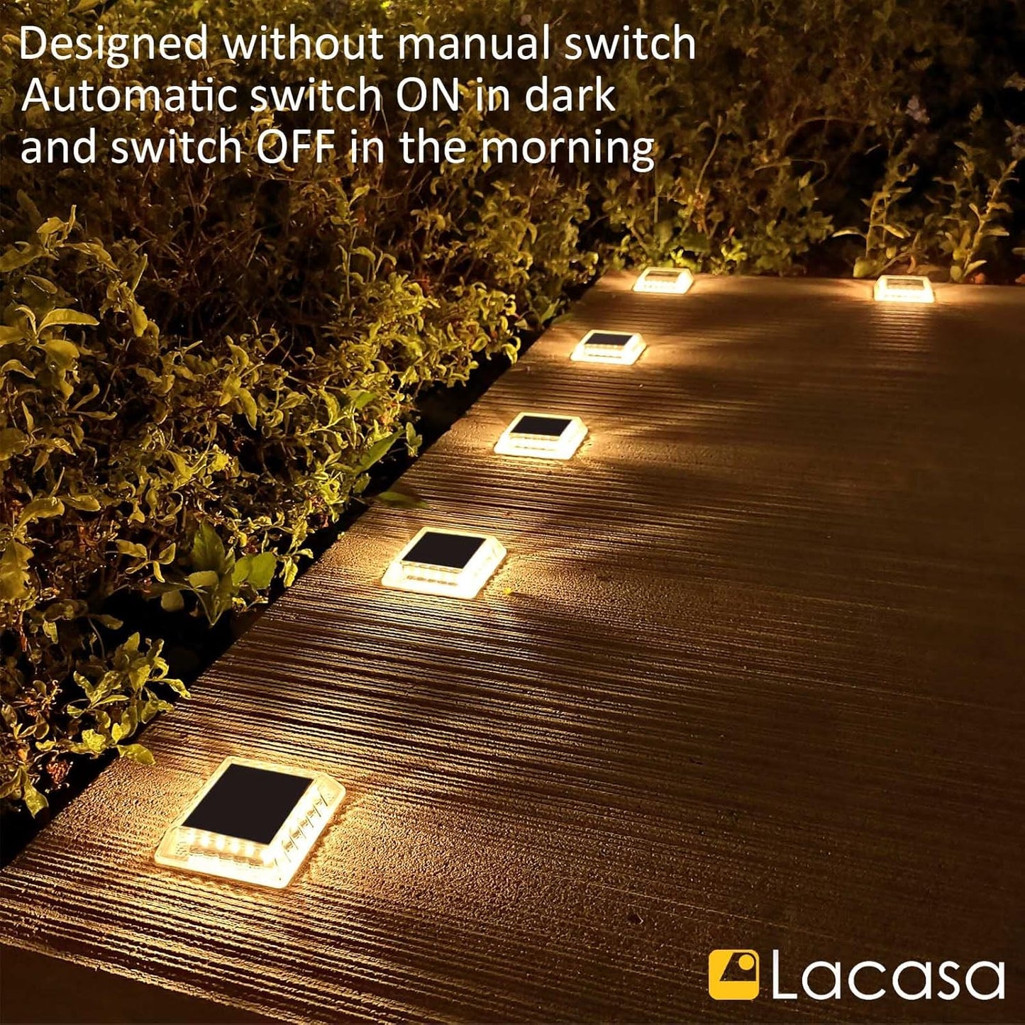 Lacasa Solar Deck Lights, 4 Pack 30LM LED Dock Light Warm White 2700K, Outdoor Solar Powered Step Light Up All Night IP68 Waterproof Auto ON/Off for Garden Stairs Driveway Pathway