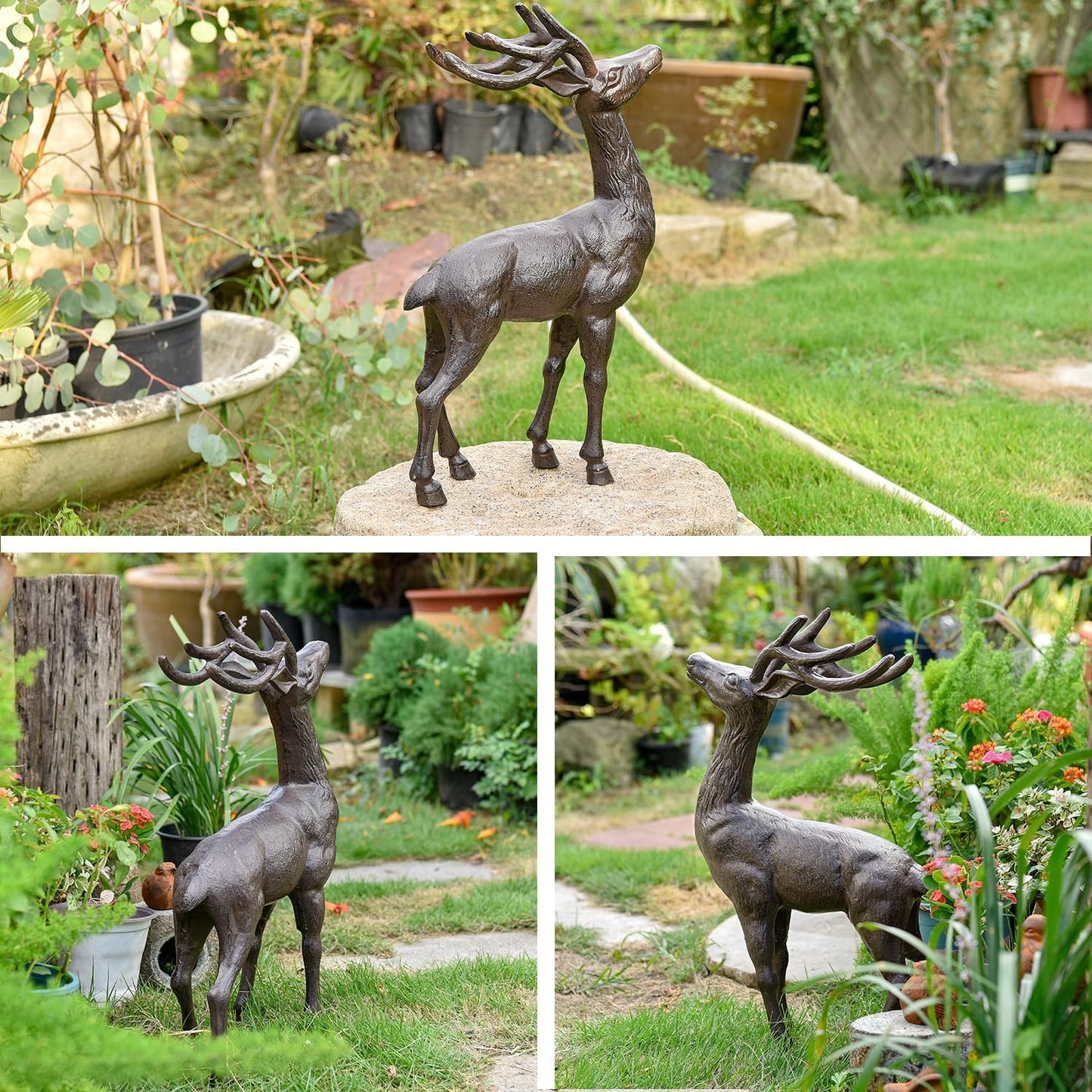 Sungmor 22" Tall Cast Iron Deer Statue - Indoor Outdoor Metal Deer Sculpture, Large & Heavy-Duty Wild Animal Landscaping Figurine, Rustic Garden Decor for Patio, Yard, Home (Dark Brown)