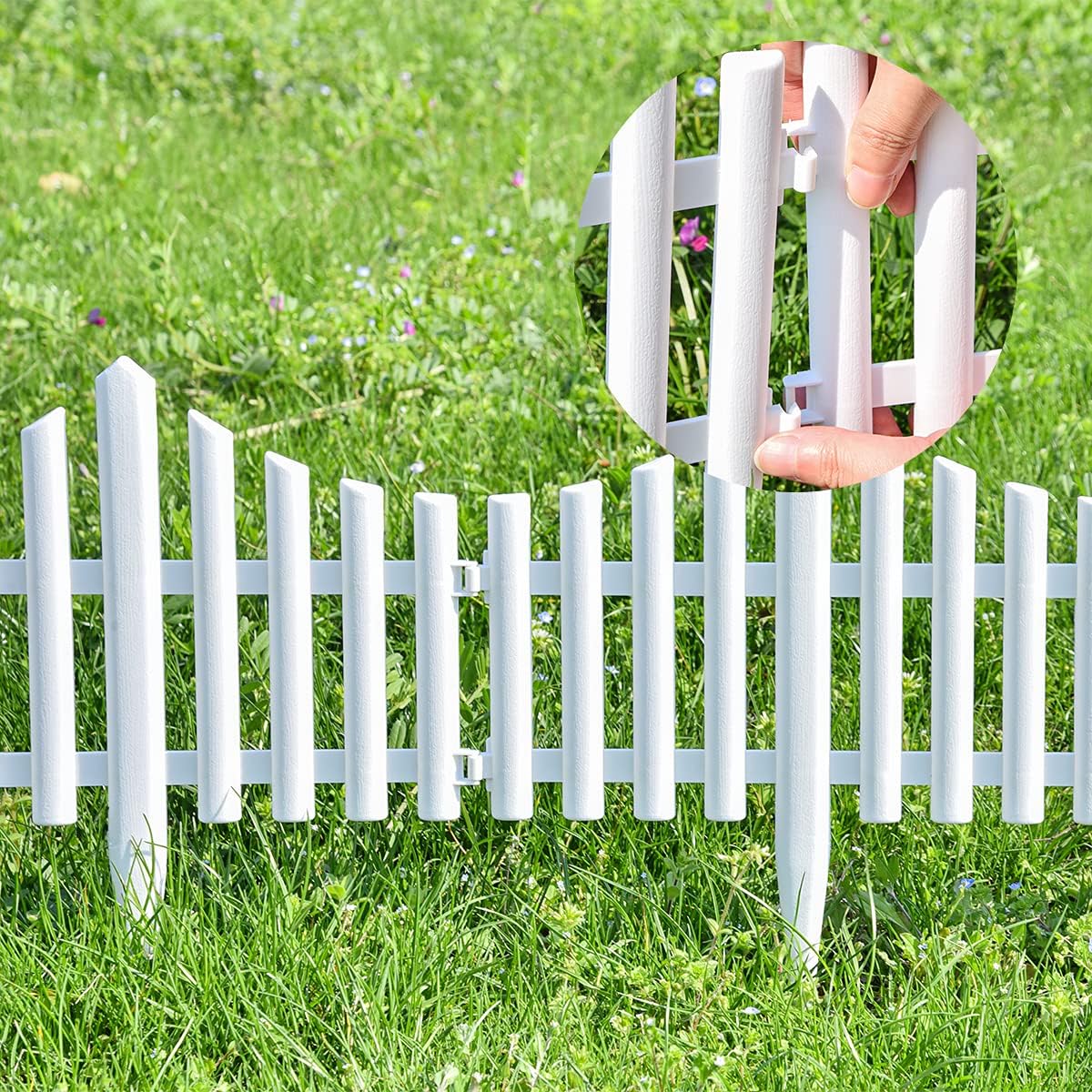 Sungmor Plastic White Garden Picket Fence, Grass Lawn Flower Beds Landscaping Edging Borders, Outdoor Path Fence Panels, Pack of 8, Lightweight & Easy Installation