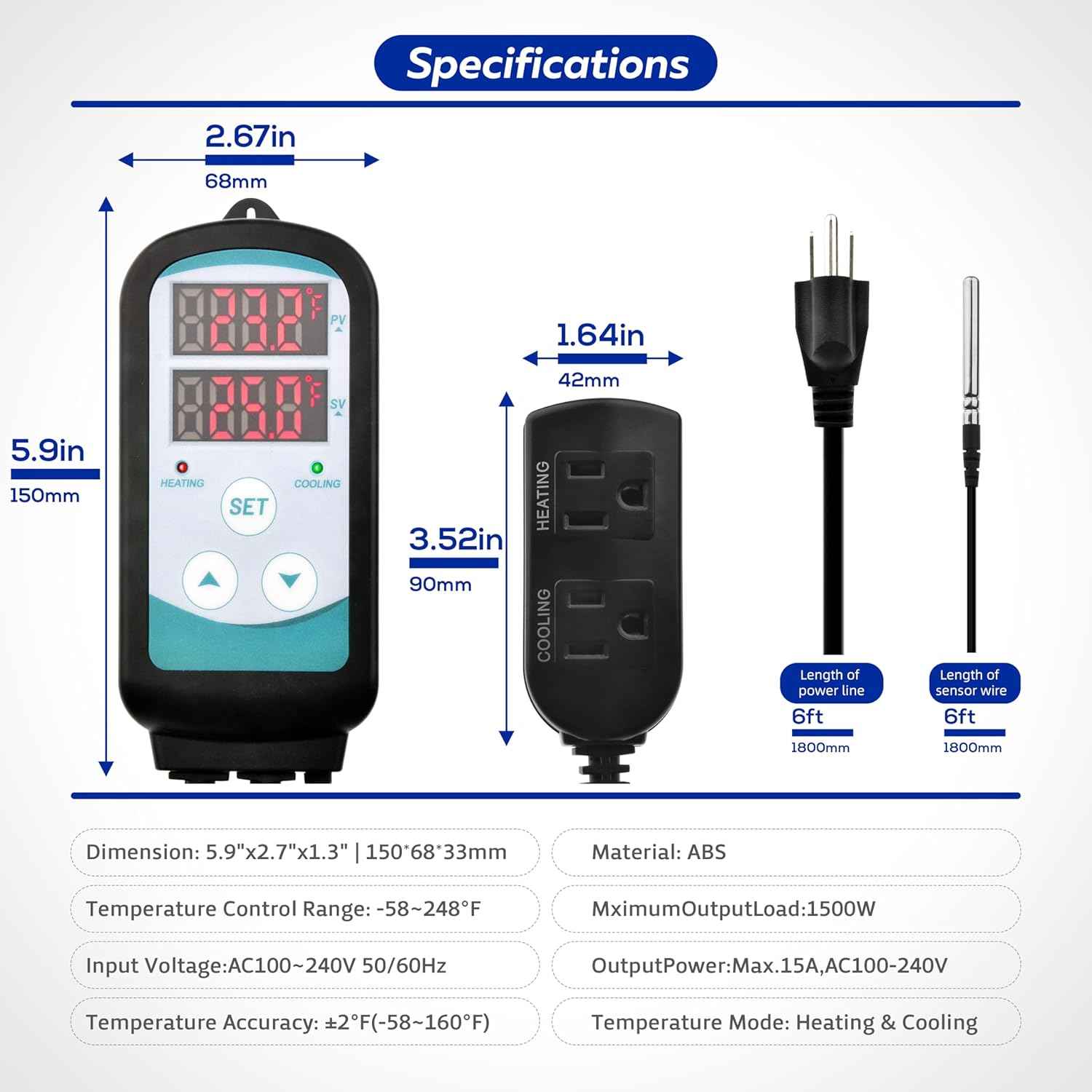 Digital Temperature Controller,Dual Digital Temperature Controlled Outlet,Thermostat Plug,Greenhouse Heater with Thermostat,110-240V 1500W ,Thermostat with Dual LED Display