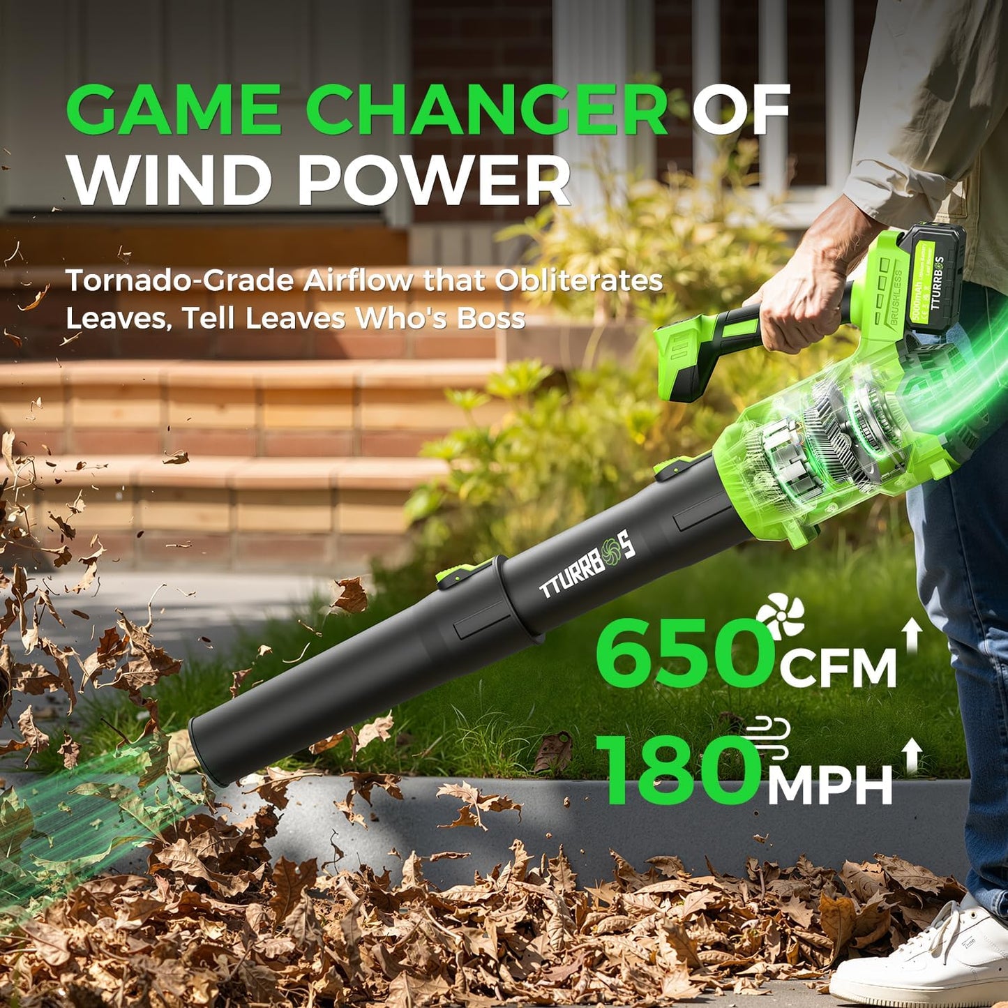 Leaf Blower Cordless - 650CFM Brushless Motor Leaf Blower with 6-Speed Control & Ergonomic Handle - Includes 2 x 5.0Ah Batteries & Fast Charger - Blowers for Lawn Care, Yard, Patio, Leaves, Snow, Dust
