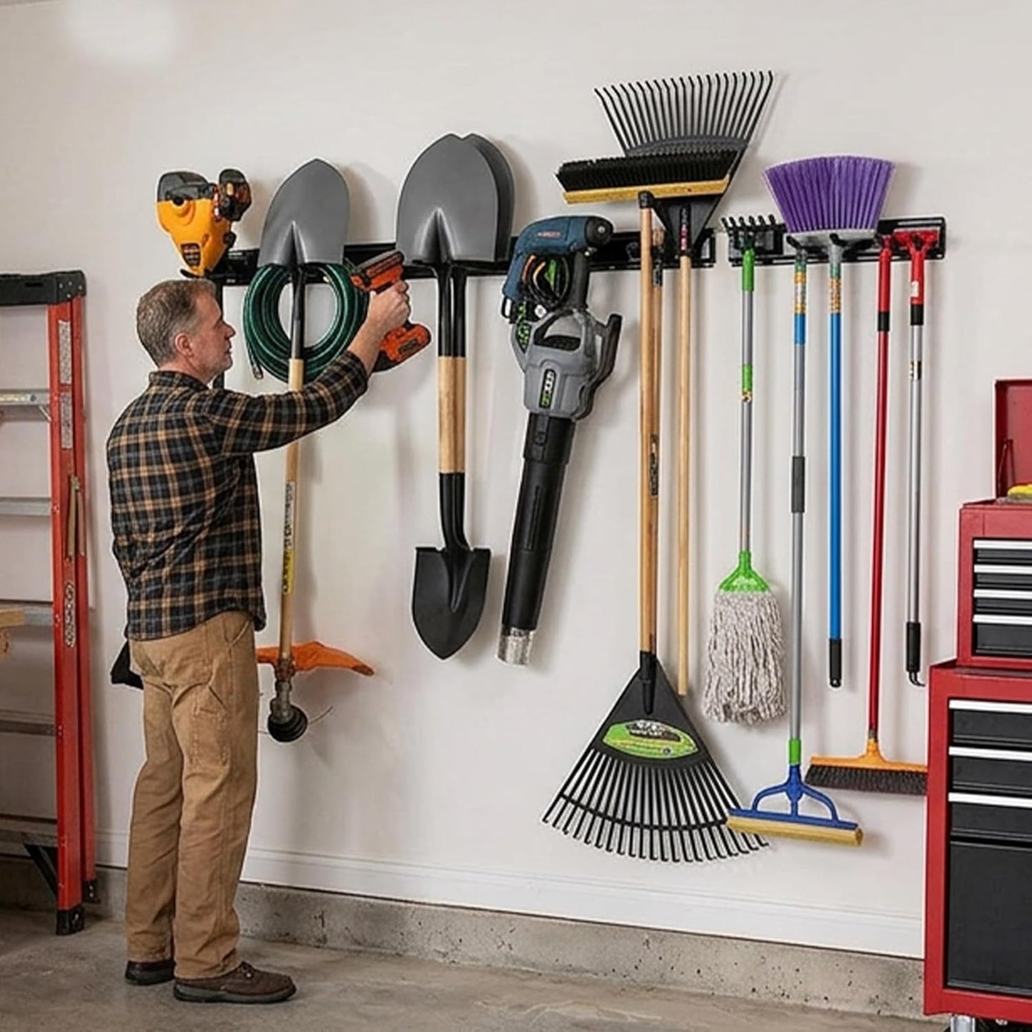 Garage Tool Organizer Wall Mount 80 Inch, Heavy Duty Tool Rack with 5 Racks & 10 Adjustable Hooks, Wall Mounted Garden Tool Storage for Garage, Shed, Holds Shovels, Brooms & Power Tools