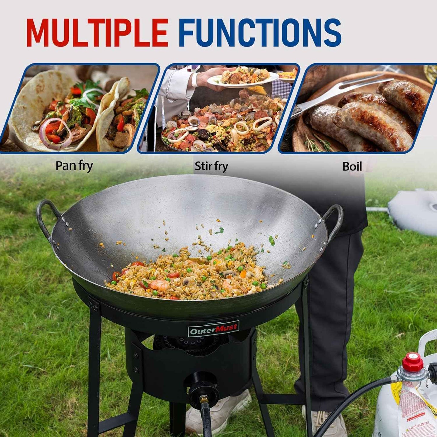 Outdoor Cooker with Iron Wok and Propane Burner, 54,000 BTU High-Pressure Gas Stove for Backyard BBQ, Tailgating & Outdoor Cooking