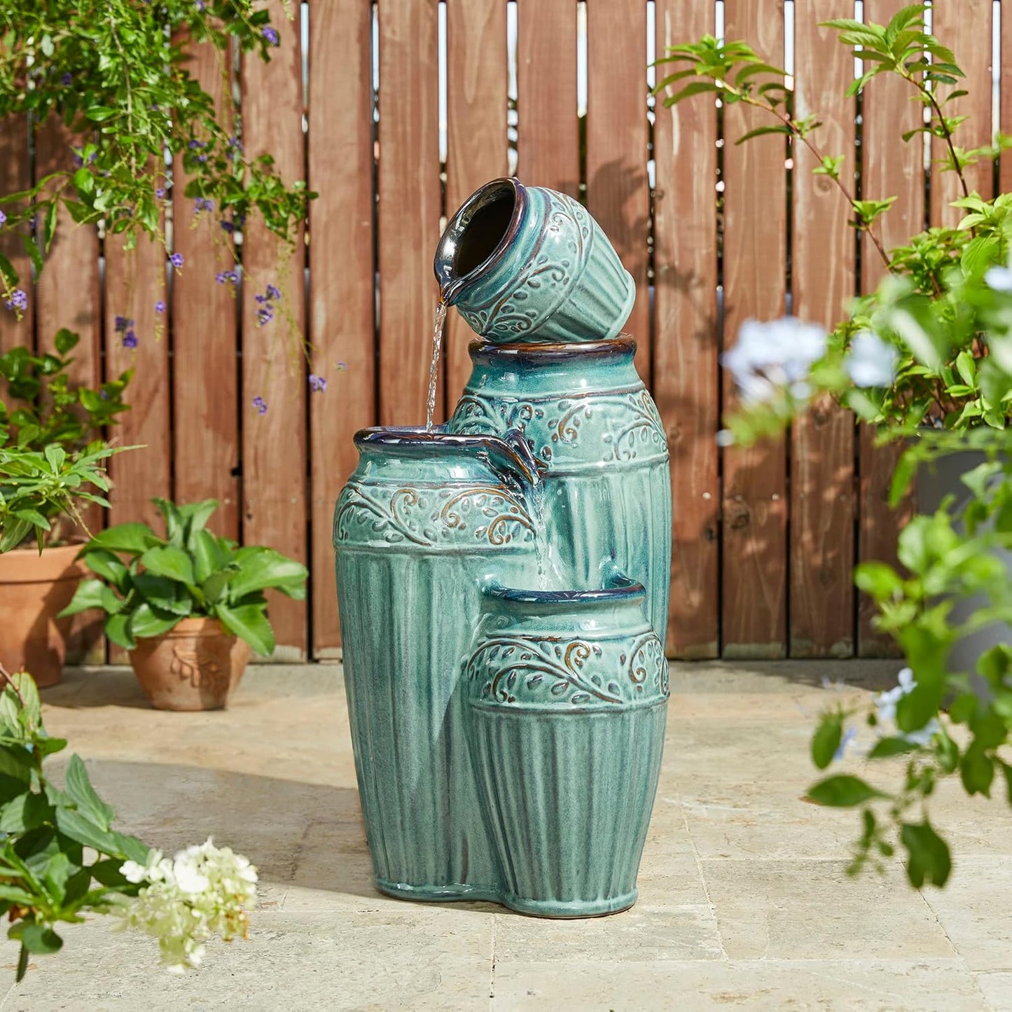 Glitzhome 27.25" H Outdoor Garden Water Fountain with LED Lights and Pump, 4 Tier Turquoise Embossed Pattern Ceramic Pots Cascading Floor Standing Fountain for Porch Deck Patio Backyard Decoration