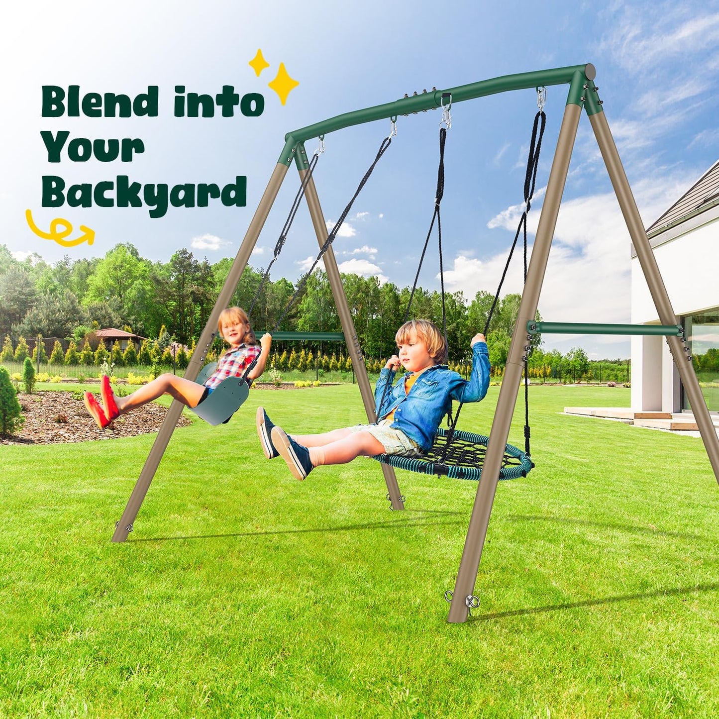 Hapfan 7.5ft Tall Swing Sets for Backyard, 500lbs Heavy Duty Swing Set for Kids and Adults with Spider Swing and Belt Swing, Outdoor Playground Sets for Backyards(Green and Brown)
