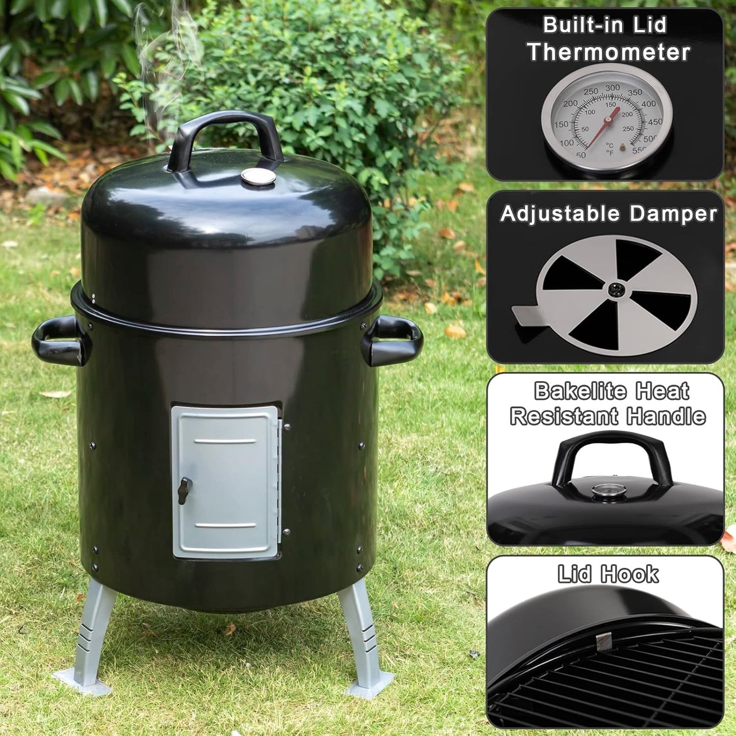 Sophia & William 17" Vertical Charcoal Smoker Grills with Two-Tier Grates, Heavy-Duty Integral Chamber and Tunnel Ventilation System for BBQ, Patio, Outdoor Camping(Black)