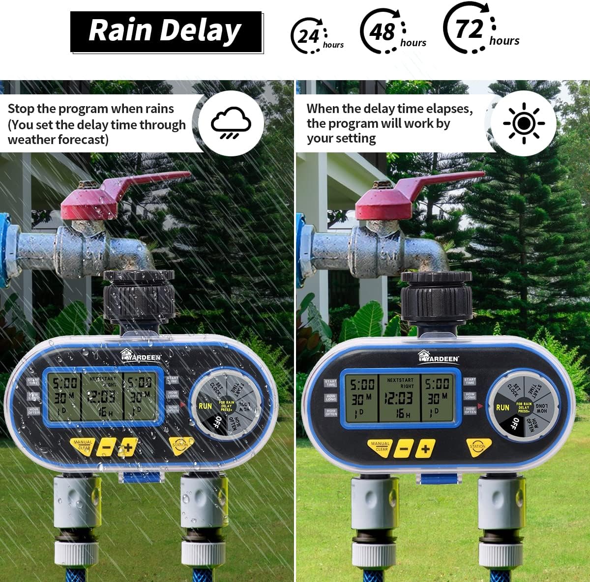Sprinkler Timer for Garden Hose, Programmable Hose Timer with Rain Delay/Manual/2 Solenoid Valves Garden Electronic Irrigation Controller System Color Blue