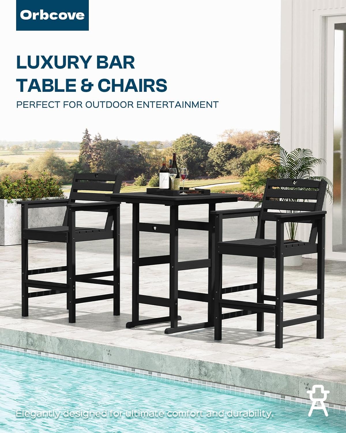 Tall Adirondack Chairs Set of 2, HDPE Wood Balcony Adirondack Chairs Set with Heart Cutout Design, Weather-Resistant Bar Height Furniture for Deck, Porch, Pool (Black)