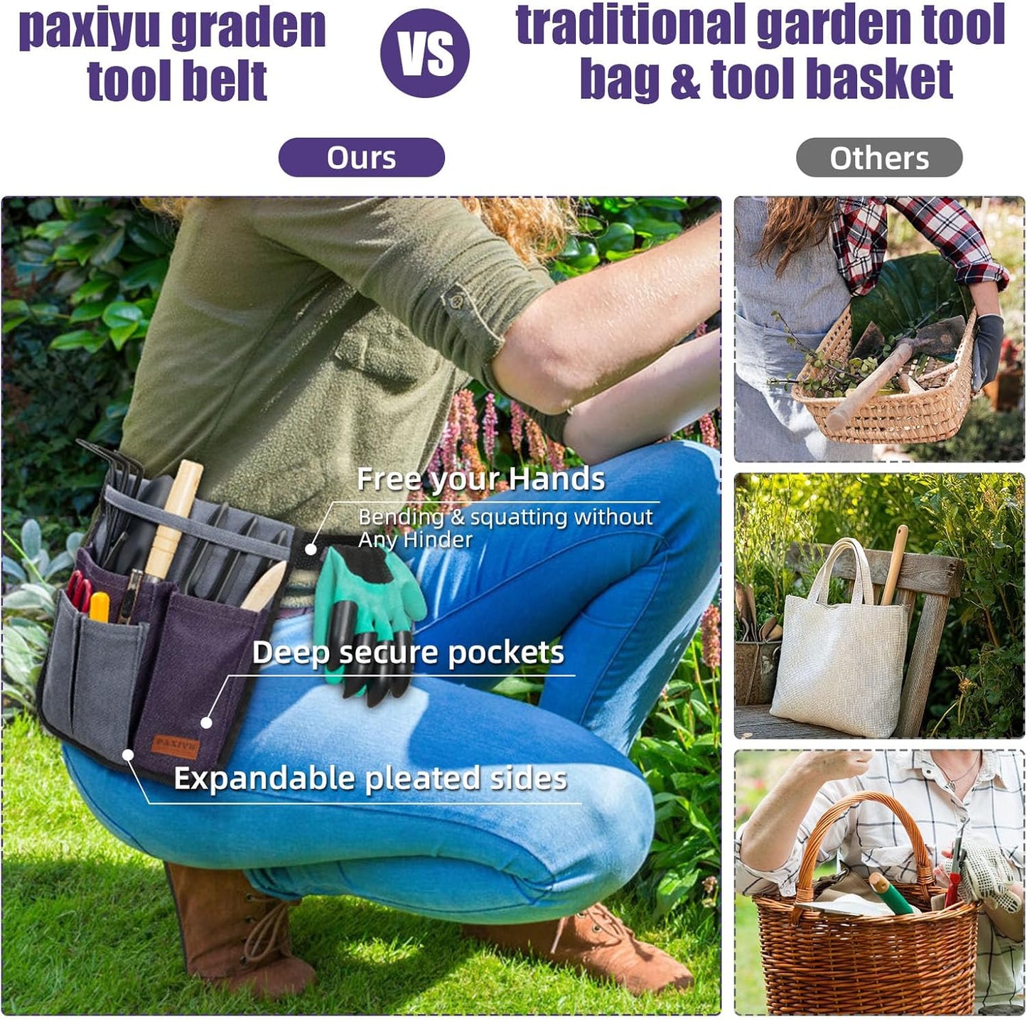 Garden Tool Belt for Men & Women, Denim Slim 4-Pocket Adjustable Garden Apron - Lightweight Utility Belt for Gardening, DIY, Carpenter, Painting, Seamstress, and Crafting Tool Pouch (Purple)
