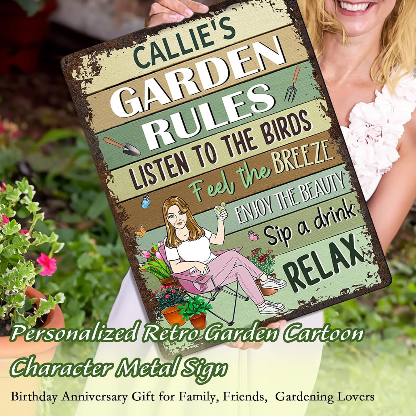 Personalized Retro Garden Metal Sign, Custom Cartoon Character and Name, Funny Garden Decor, Gift for Family, Friends, Women Gardeners, Gardening Lovers, Yard Outdoor Artwork Prints