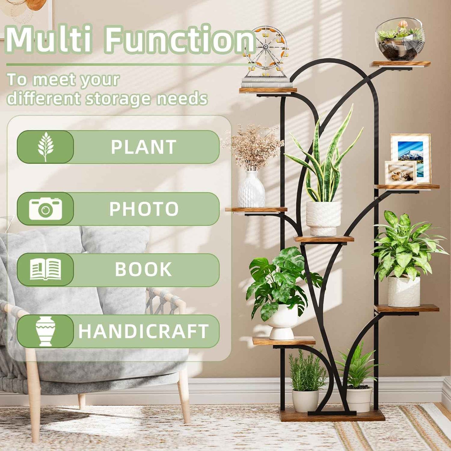 POZILAN Plant Stand Indoor with Grow Light, 55.6" Corner Plant Shelf Indoor, 8 Tiered Tall Plant Stands for Indoor Plants Display Rack Holder, Flower Stand for Balcony, Living Room, Patio