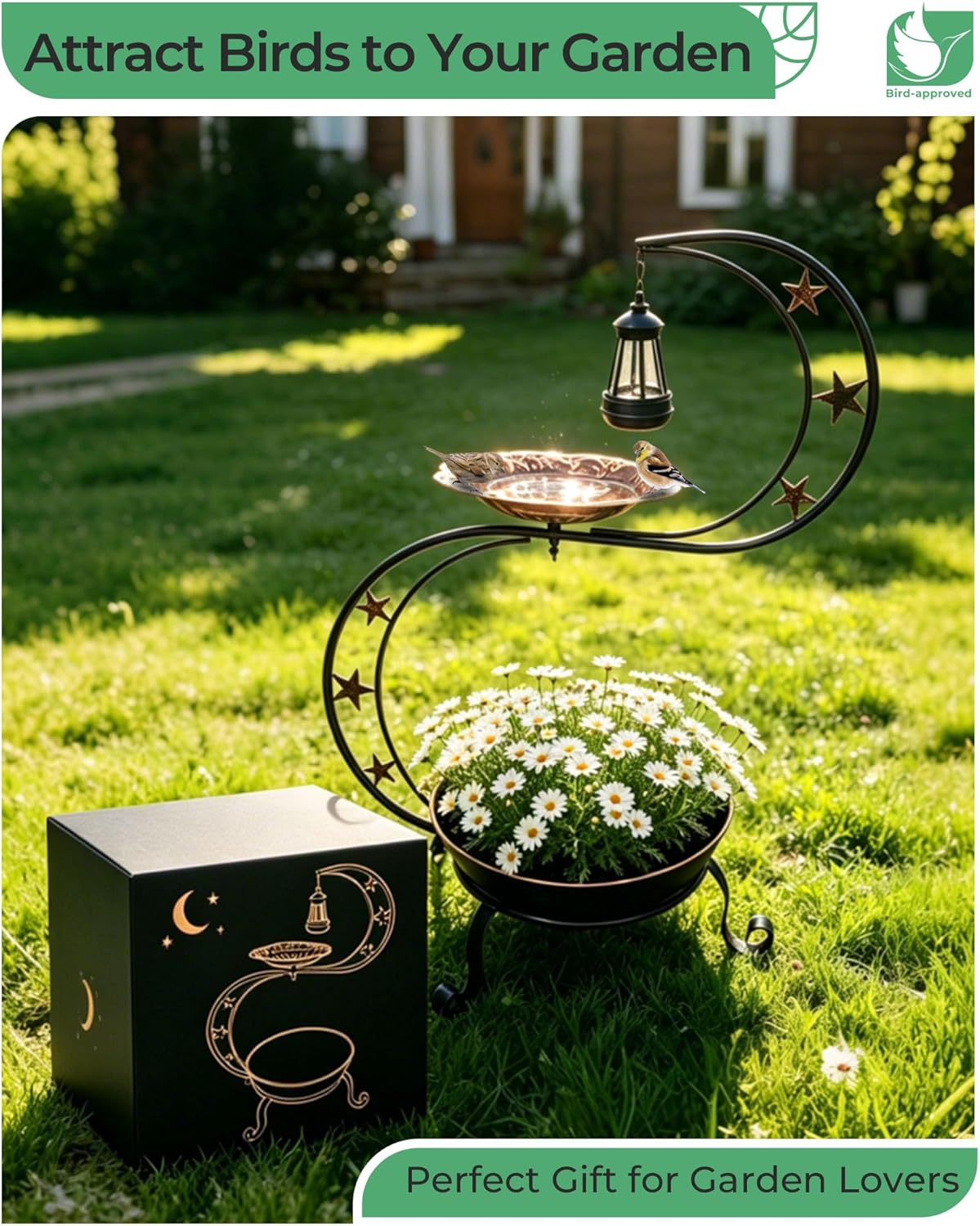 Solar Bird Bath for Outside, Vintage Metal Bath Bowl Standing Birdbaths with Flower Planter for Garden Yard Lawn Decor