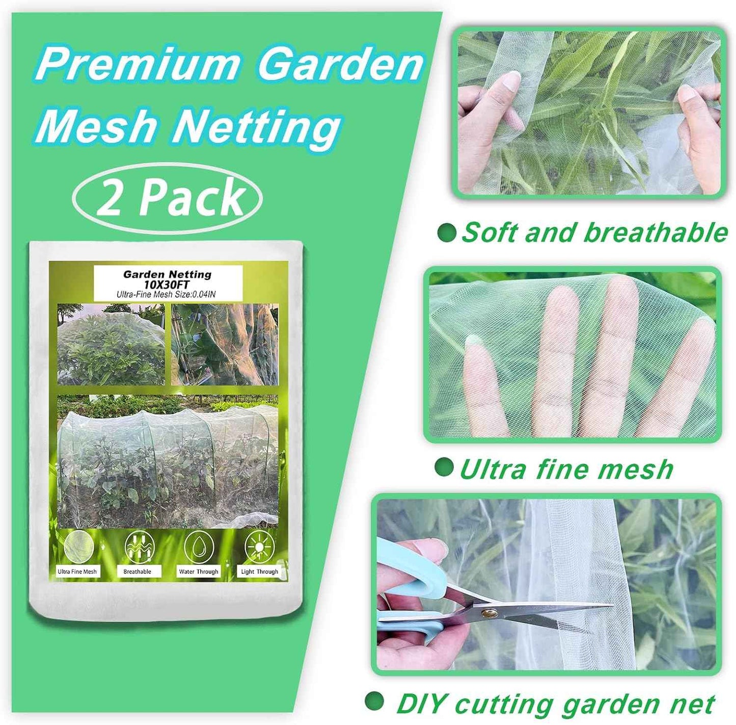 Garden Mesh Netting, 2 Pack 10X30FT Ultra Fine Garden Netting for Vegetable Flowers Fruits Crops Greenhouse, Plant Netting Row Cover Barrier Protection Net for Bird Deer Animals