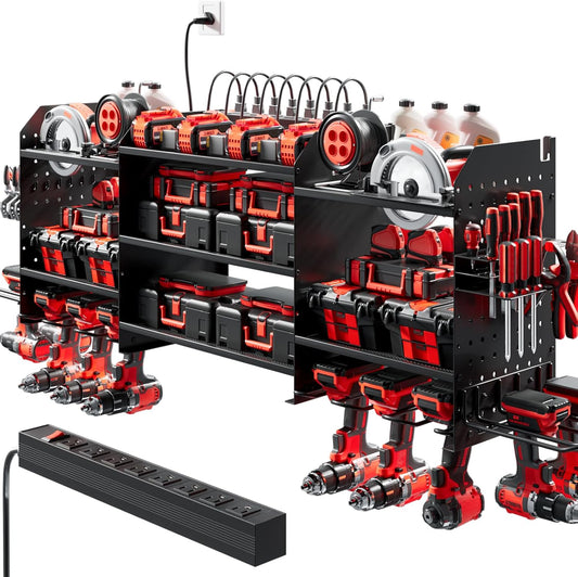 Upgrade Large Power Tool Organizer Wall Mount with Charging Station Tool Storage Rack with 6.5FT Power Strip 10 Drill Holder and Storage Rack for Garage Organization