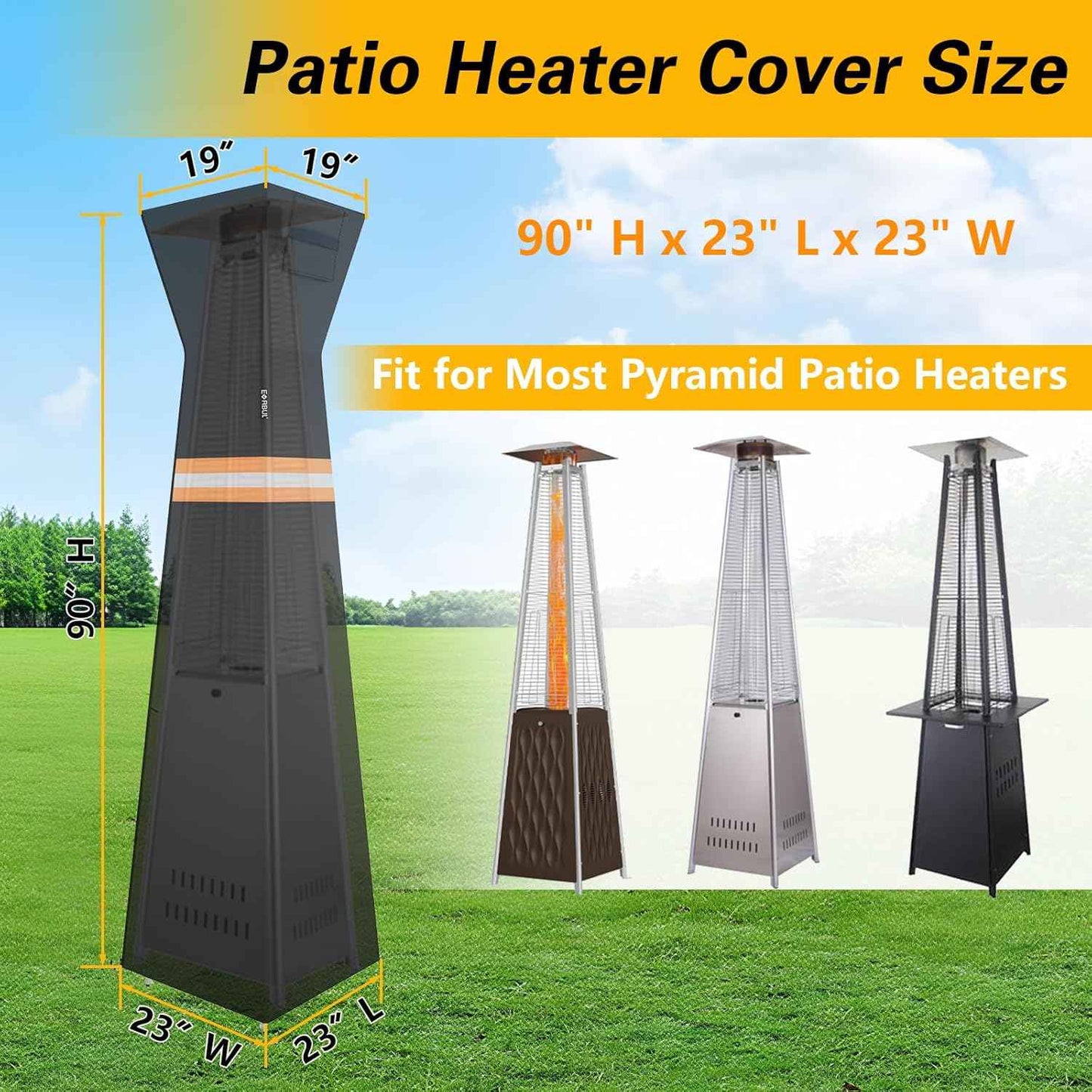 EVRBUL Pyramid Torch Patio Heater Cover with Zipper,Storage Bag and Reflective Strip,Heavy Duty 420D Waterproof Dust-proof Windproof UV-Resistant Outdoor Standing Heater Cover,Black,90"H x 23"L x 23"W