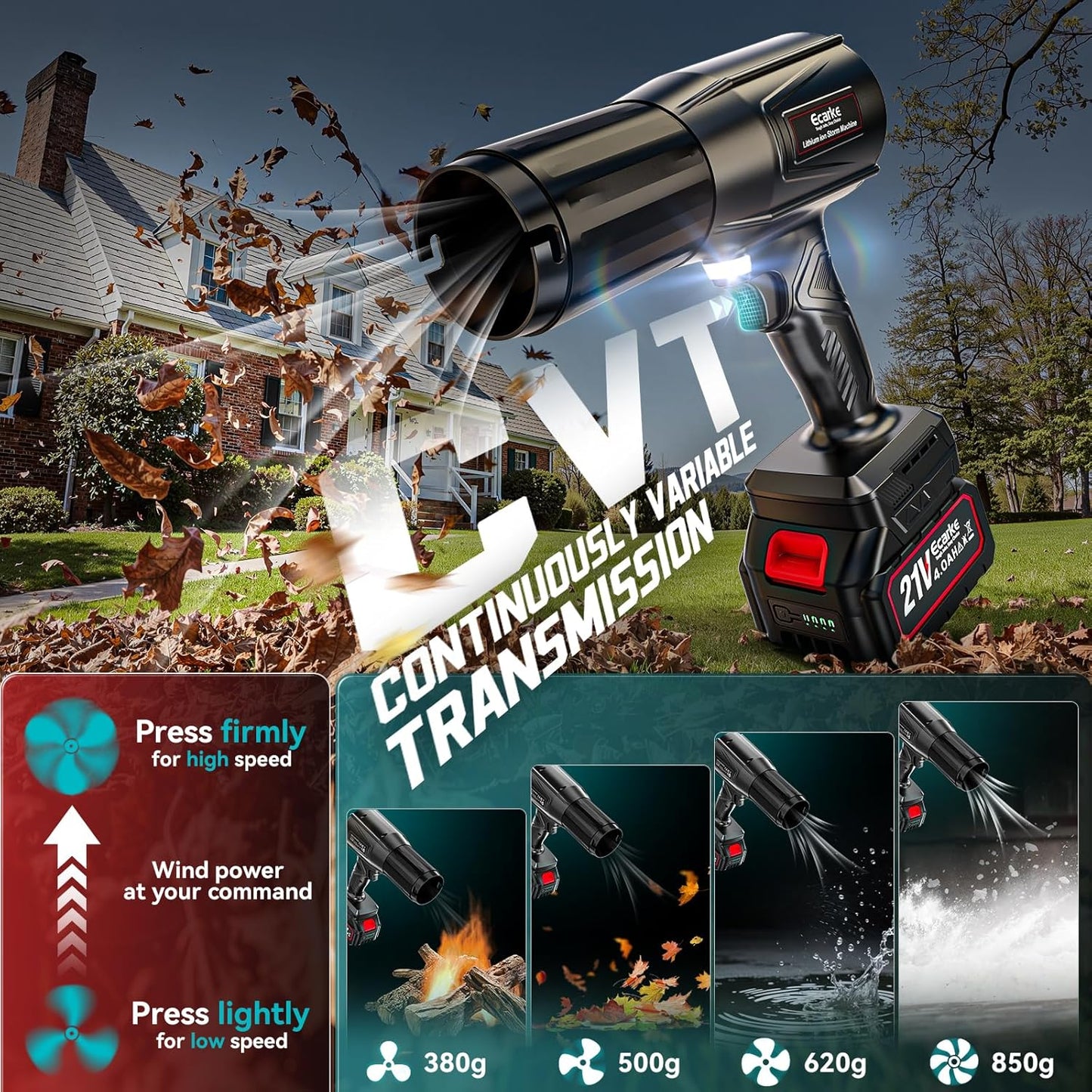 Leaf Blower Cordless Ecarke Portable Dust Cleaner, 800000RPM Handheld Brushless Turbo Jet Blower for Lawn Care, Patio Cleaning, Leaves with 2X 4.0Ah Battery, Charger, Storage Case Included