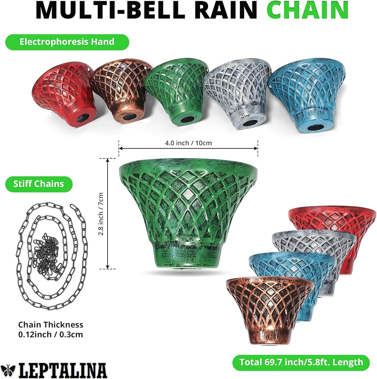 3FT Multicolor Bell Rain Chains for Gutter and Rain Barrel | Rust-Resistant Plated Garden Décor Rain Chain for Downspout | Rain Chain Extension 3 Ft (no Adapter)
