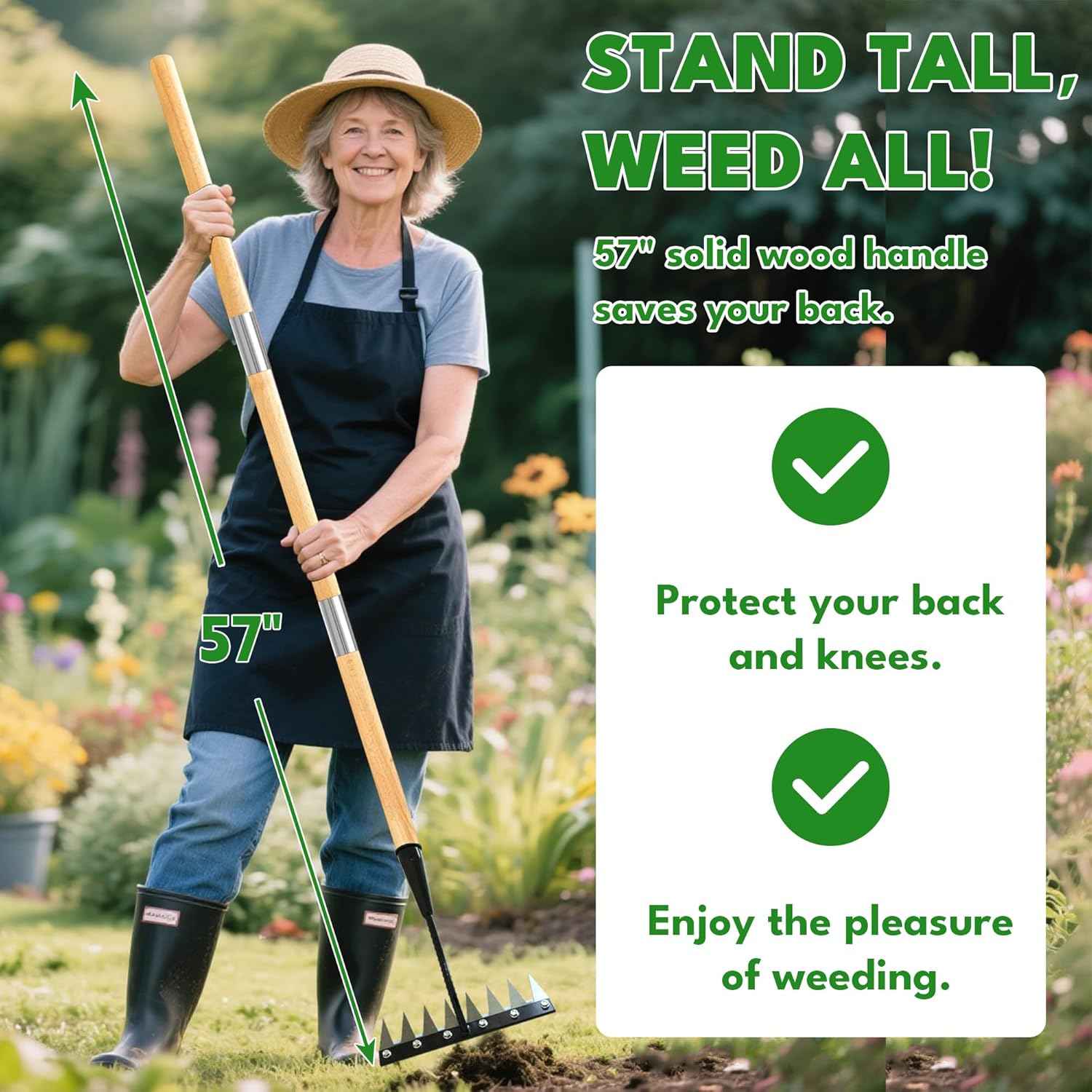 Iron Weeding Rake with Long Handle 2.0, Upgraded 8 Teeths Garden Weed Puller Tool Heavy Duty Gardening Tool for Lawn, Flower Beds & Soil Aeration