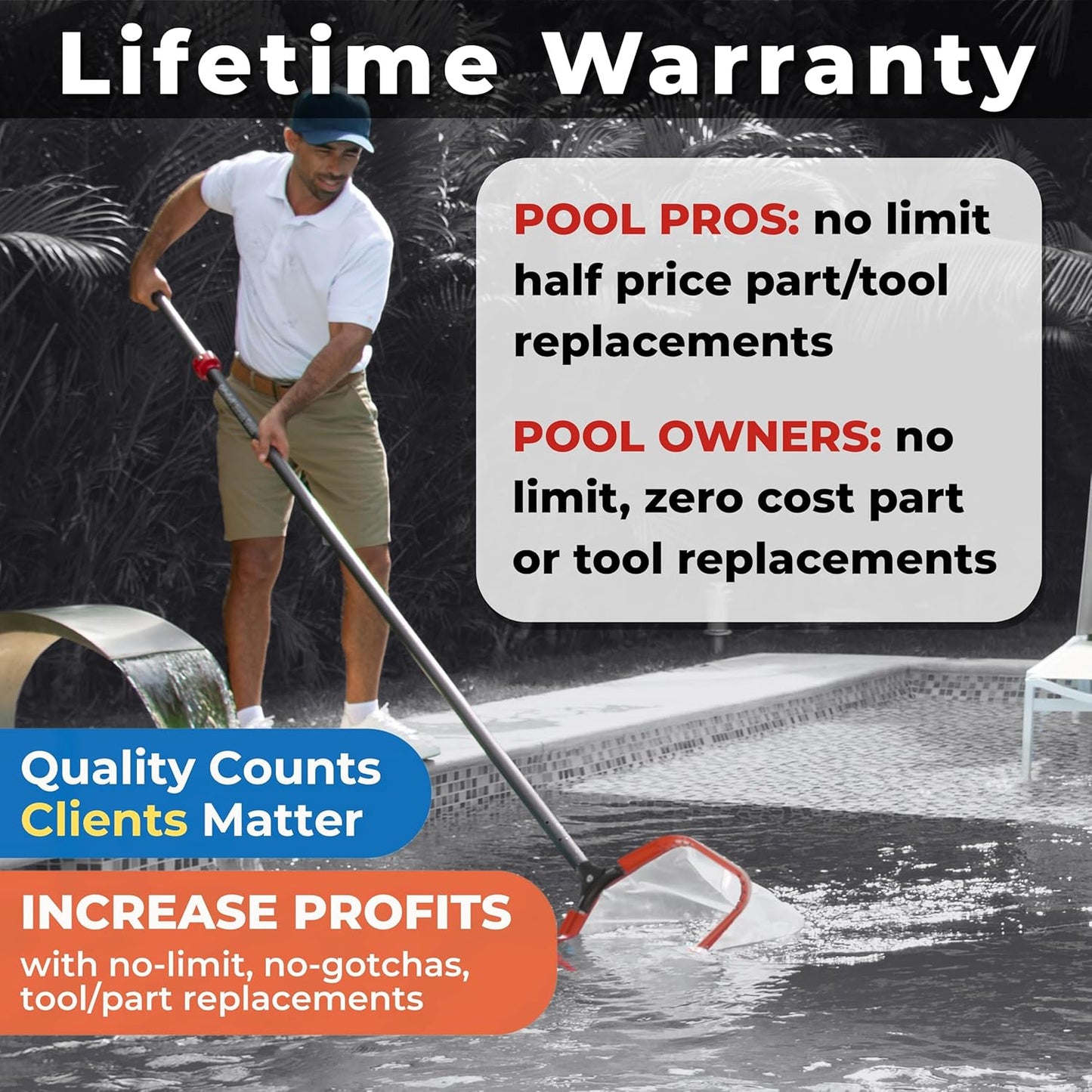 ProTuff 17" Silt Net Pool Skimmer for PROS – “490 Promise” Unlimited Unconditional Replacement – Ultra-Durable Ultra Fine Net for Silt – Heavy-Duty Aluminum Frame, EZ-Clip & Deep Bag for Cleaning