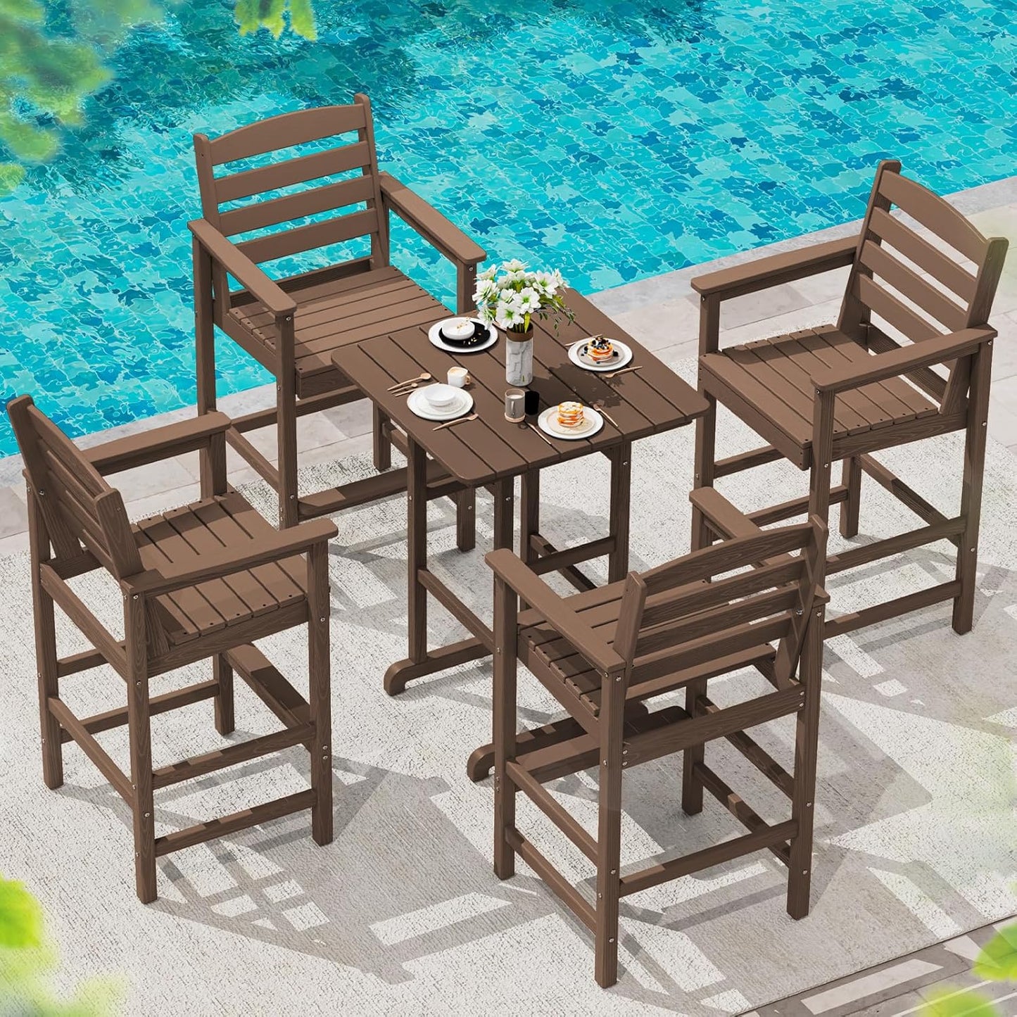 SERWALL 5 Pieces Outdoor Patio Bar Set, Oversize Tall Adirondack Bar Chair and Table Set, Brown