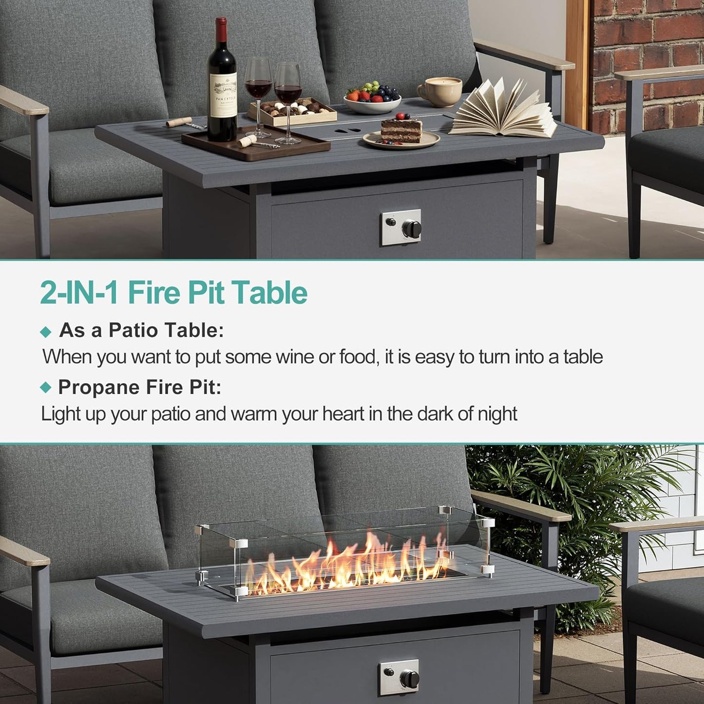 Aluminum Outdoor Patio Furniture Set with Swivel Rocking Chairs 7-Seat, Patio Sectional Sofa Patio Conversation Set with 55,000 BTU Fire Pit Table & High Backrest, Dark Grey