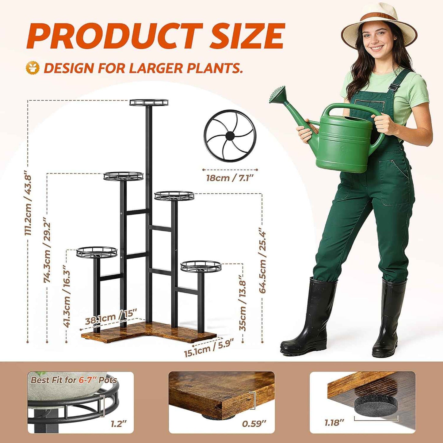 Tall Plant Stand Indoor Outdoor, 6 Tier Corner Tall Metal Wood Shelf Display Rack, Multi-tier Planter Pot Holder Flower Stand for Garden Balcony Living Room Bedroom