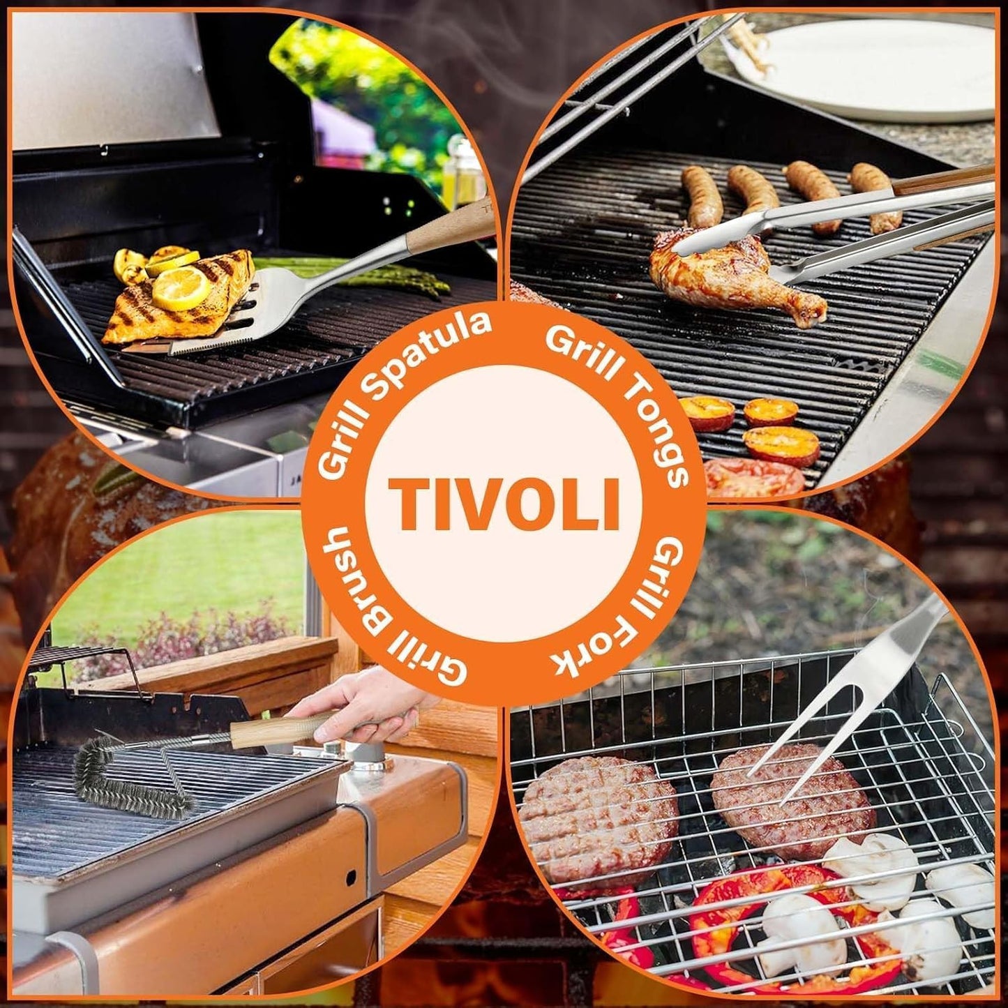 TIVOLI 4PCS Grilling Accessories, Heavy Duty BBQ Tool Set with Stainless Steel Spatula, Tongs, Fork, Cleaning Brush, Wood Handles Barbecue Utensils Kit for Outdoor, Perfect Grill Gifts for Dad Men