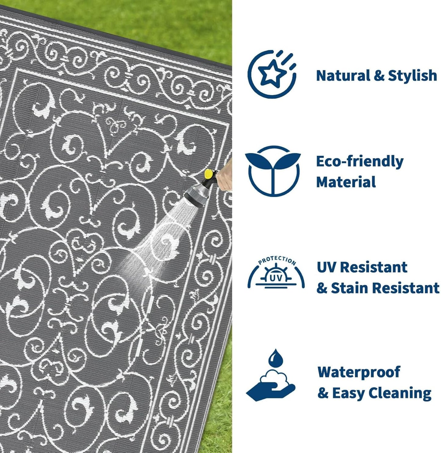 9x12 Outdoor Rug Waterproof Foldable Plastic Straw Carpet for Patio Porch Vintage Reversible Mat Lightweight Floor Mat for Picnic, Backyard, Rv, Beach, Deck, Camper, Balcony，Grey