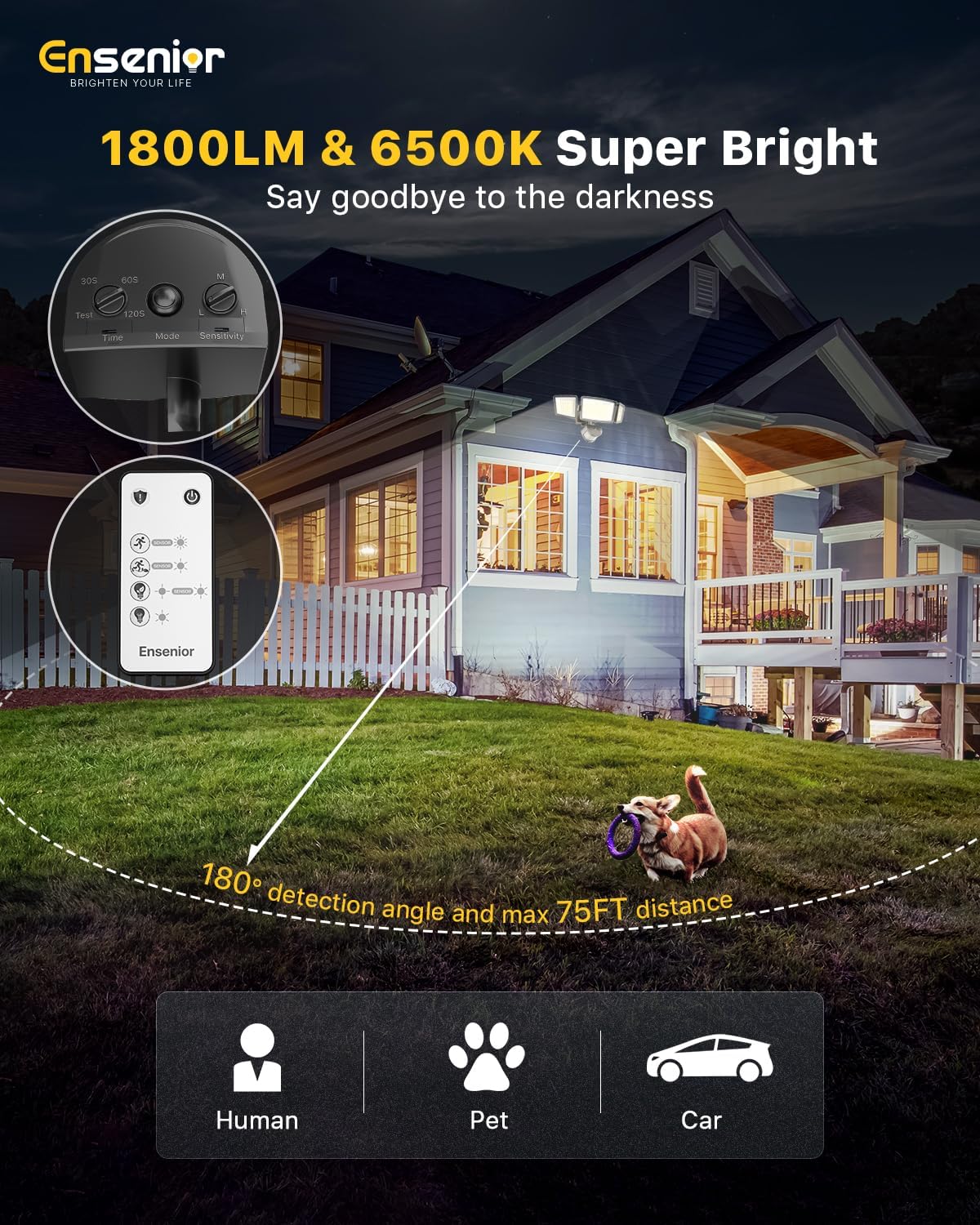 Ensenior 1800LM Solar Flood Lights Outdoor, Motion Sensor Outdoor Light 6500K, IP65 Waterproof, Separate Solar Panel, Solar Security Light with 5 Sensor Modes and 3 Adjustable Head for Yard (Black)