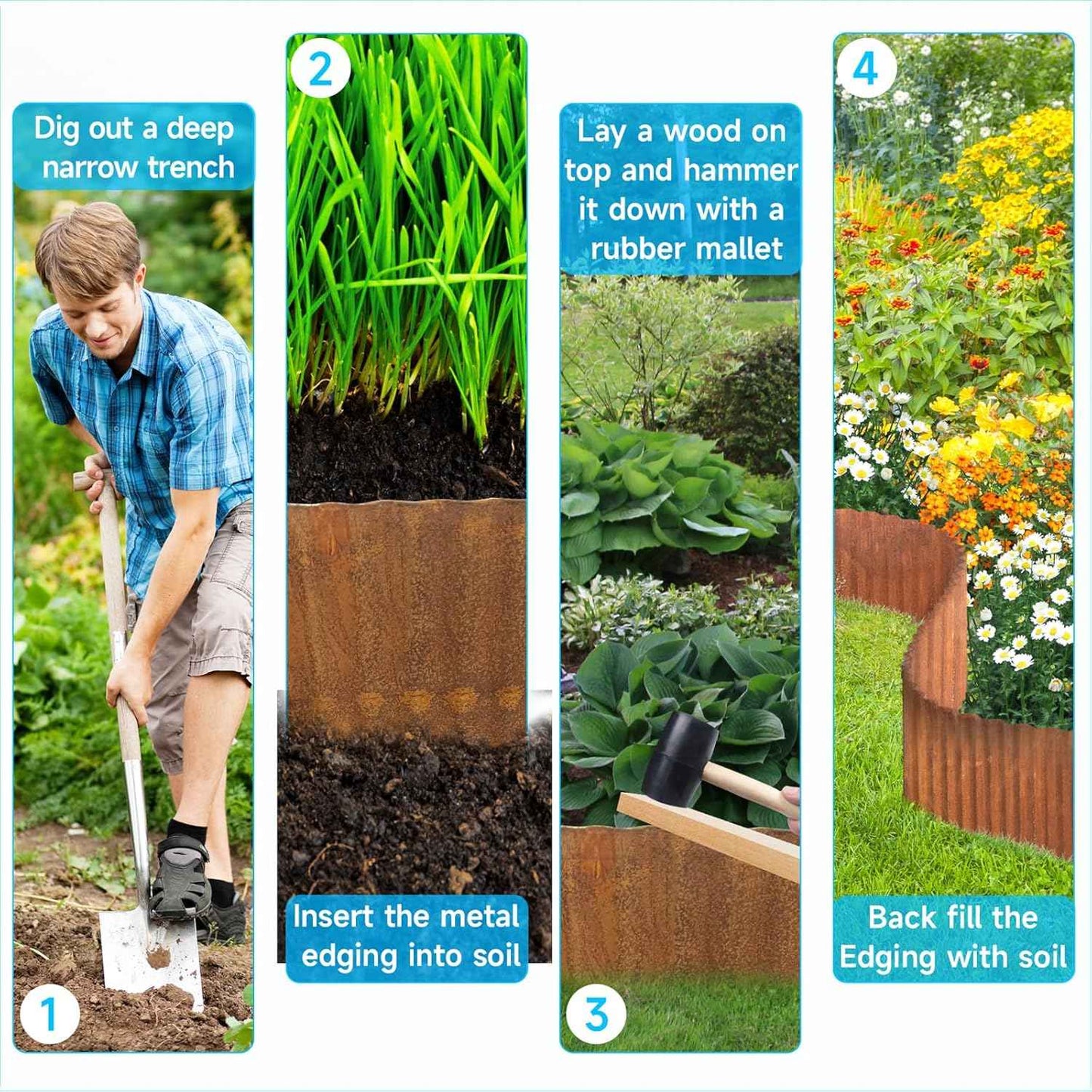 MTART Metal Garden Edging for Landscaping, Sturdy Corrugated Edging Border for DIY Flower Bed, Lawn and Landscape Edging (Rusty, 6"×40Ft)