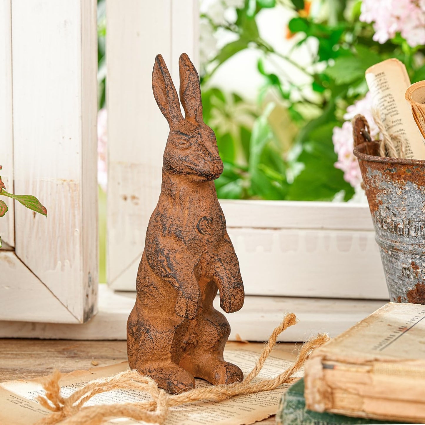 Sungmor Cast Iron Rabbit Statue,Rustic Rust Heavy Duty Animal Collection Sculpture, Paperweight, Doorstop, Adorable Garden Figurine - Standing Rabbit Statue