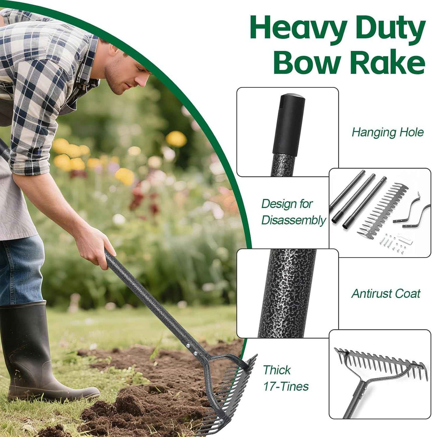 Bow Rake, Heavy Duty Metal Garden Rake for Looseing Soil, Leveling Lawn and Cleaning Leaves, 63" Long Handle Ergonomic Thatch Rake with 17 Tines for Yard,Farm,Lawn,Garden