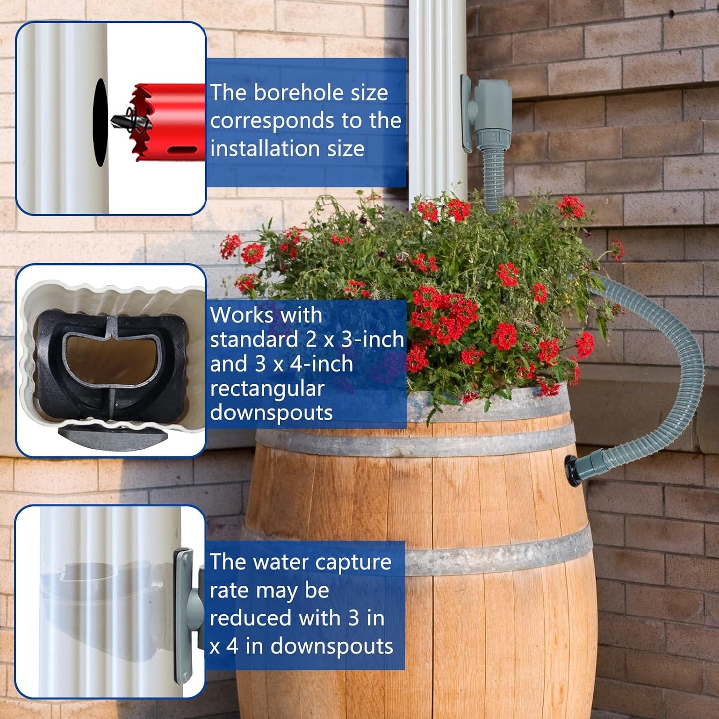 Rain Barrel Diverter Kit, Rainwater Collection System with Adjustable Valve and Hose, Rain Water Diverter for Downspout, Downspout Diverter Fits for Standard Downspouts