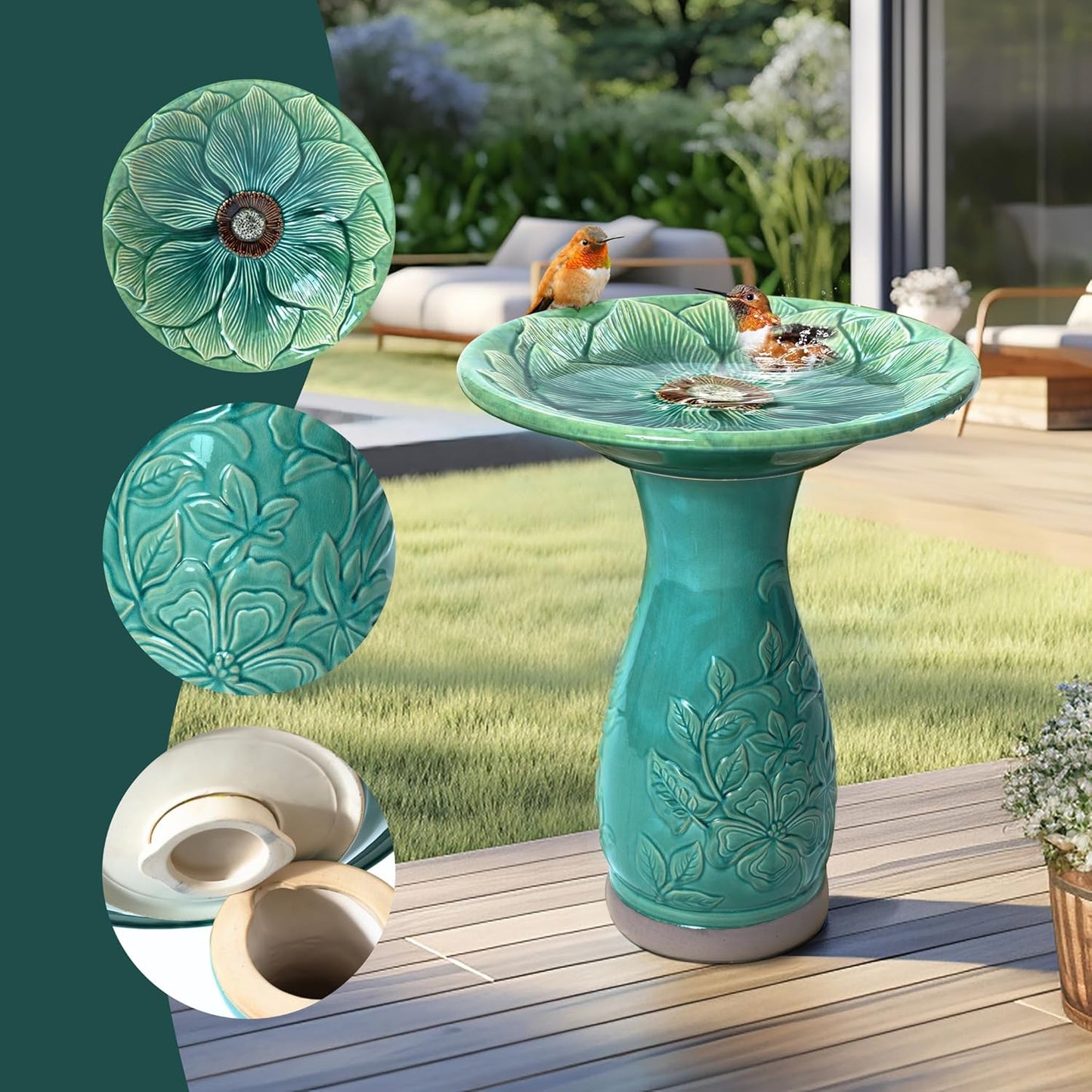 LuxenHome 23 Inch Ceramic Bird Bath for Outside, Elegant Tall Outdoor Bird Bath, Lightweight Pedestal Glazed Birdbaths for Outdoors with Floral Embossed Design, Jade Green