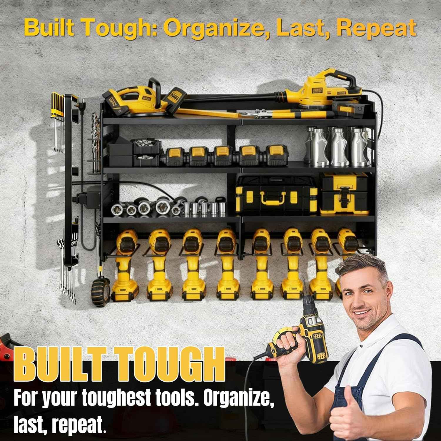 Heavy Duty Power Tool Organizer Wall Mount with Charging Station, 4 Layer Tool Storage Rack with 8 Drill Holder & Power Strip for Garage Workshop