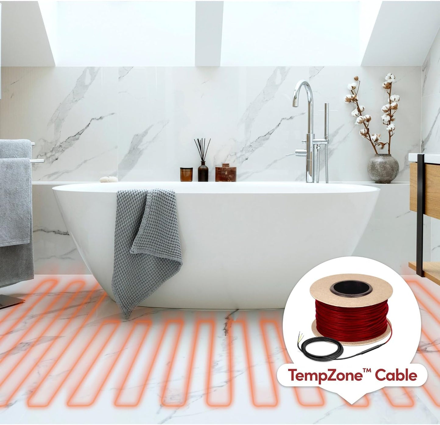 Electric Radiant Floor Heating System 113 sq. ft. with WarmlyYours TempZone Heated Floor Cable 340 ft. 120V, Fixing Strips, Floor Sensor, Tester - Install Under Tile, Vinyl, Wood - Great for Bathroom
