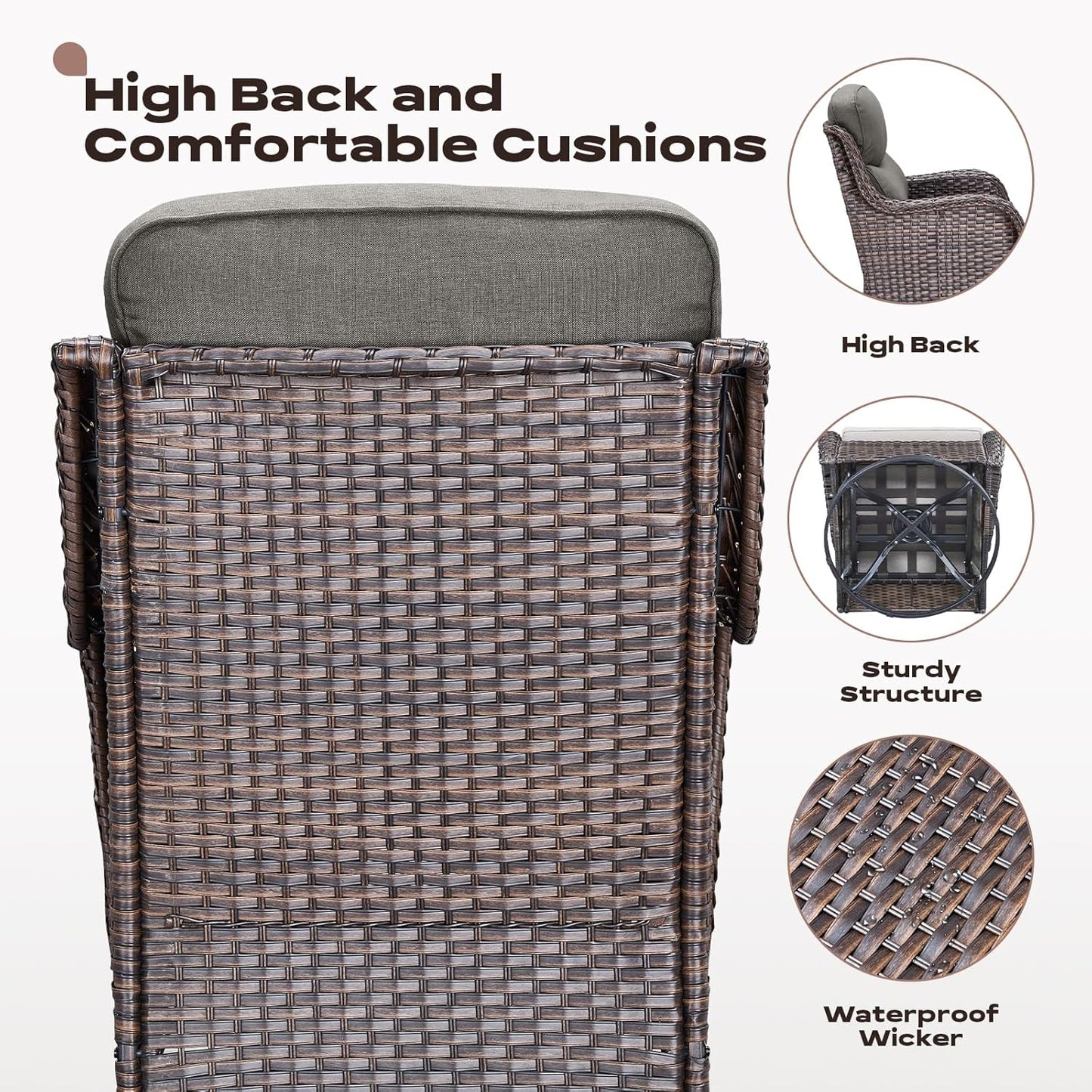Outdoor Patio Swivel Rocker Chairs Set of 2, Waterproof Wicker, High Back, Deep Seating, Wide Armrest, Upgraded 6 inch Thick Cushions, Side Table, Ideal for Deck Porch Yard, Brown-Grey