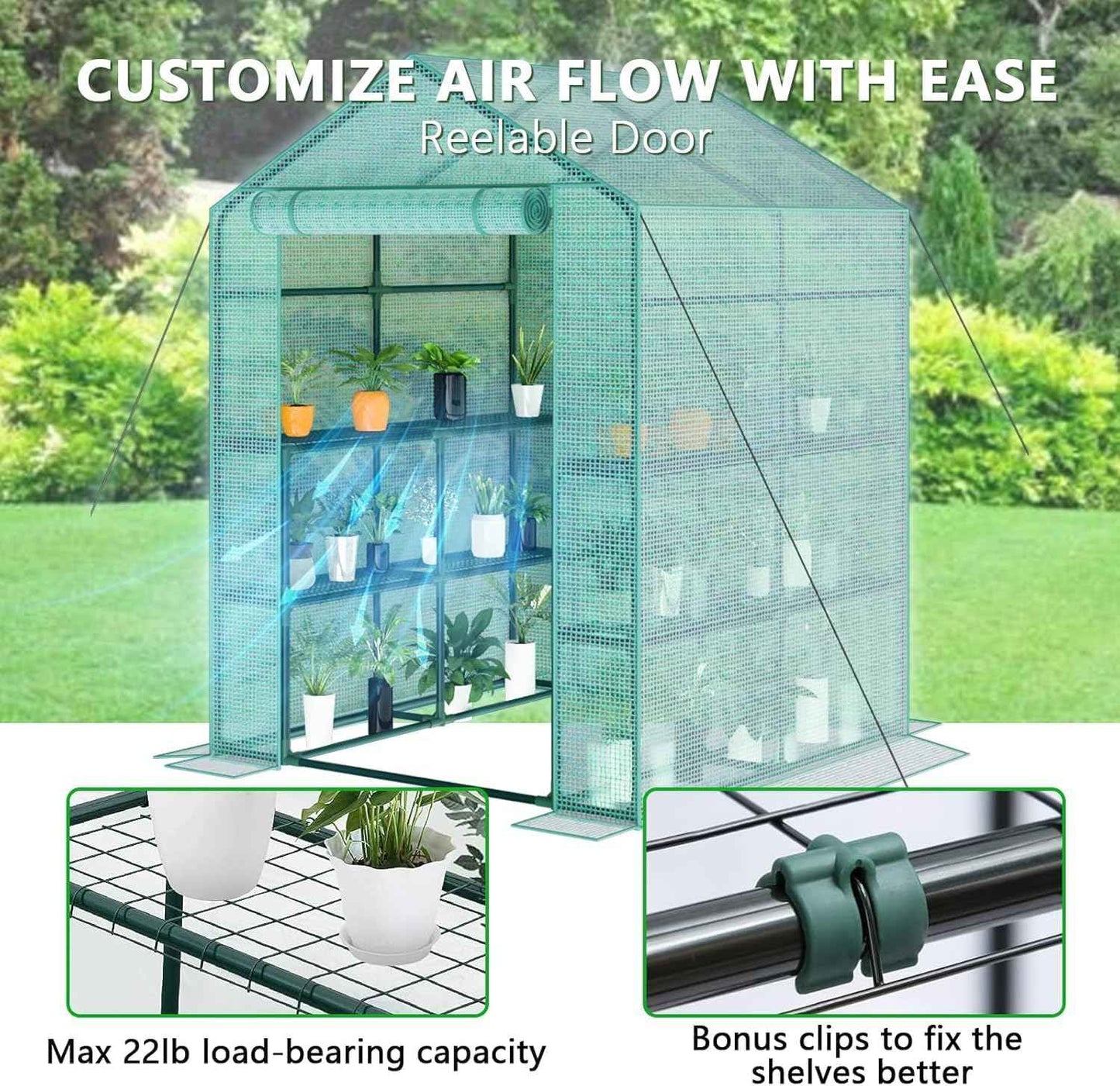 Greenhouse, 57 x 57 x 76'' Greenhouses Plant Tent for Outdoors, Durable Grow Kit with Window, Thicken PE Cover, 3 Tiers 8 Shelves, Heavy Duty Walk in Green Houses for Indoor Backyard Outside