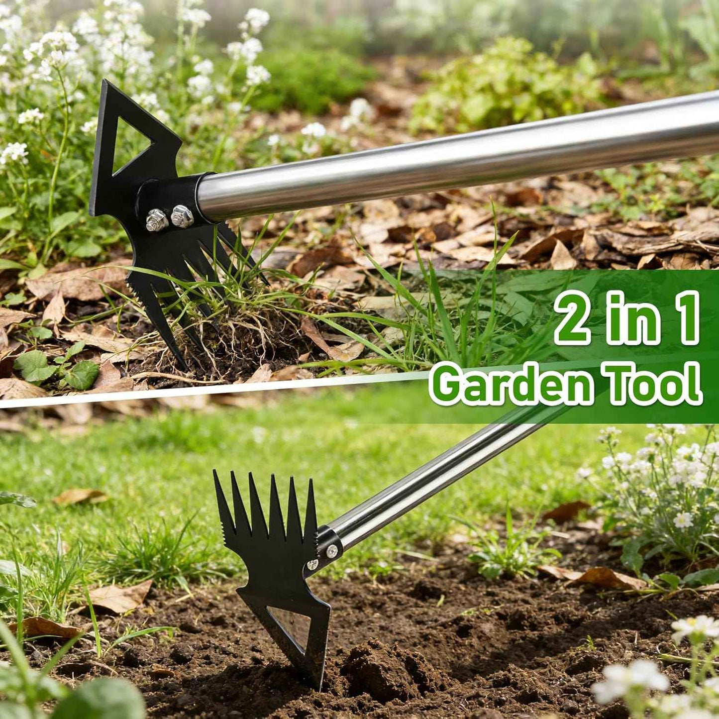 Upgraded Weed Puller Tool with Long Handle, 56" Manual Weeder Remover Tool, 2 in 1 Hand Weed Rake Garden Hoe for Gardening, Heavy Duty Uprooting Weeding Pull for Lawn, Yard, Patio Garden