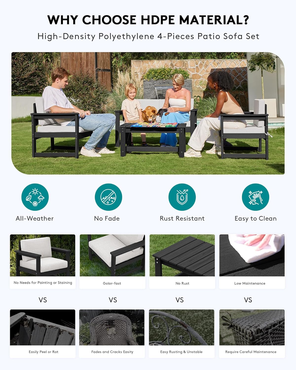 SERWALL 6 Pieces HDPE Outdoor Sofa Set with Cushions, Outdoor Conversation Couch Loveseat Furniture Set with Coffee Table for Balcony, Deck, Poolside, Black Frame with Khaki Cushions