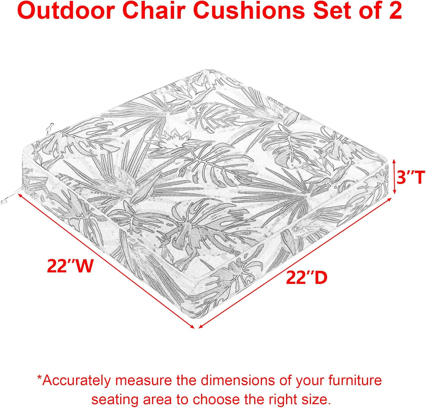 Favoyard Outdoor Chair Cushion 22 x 22 x 3 In Waterproof Pattern Fade Resistant Cushions for Patio Furniture with Removable Cover Attach Straps 28D Foam Insert Cushions Pads for Seat Sofa Couch 2 Pack