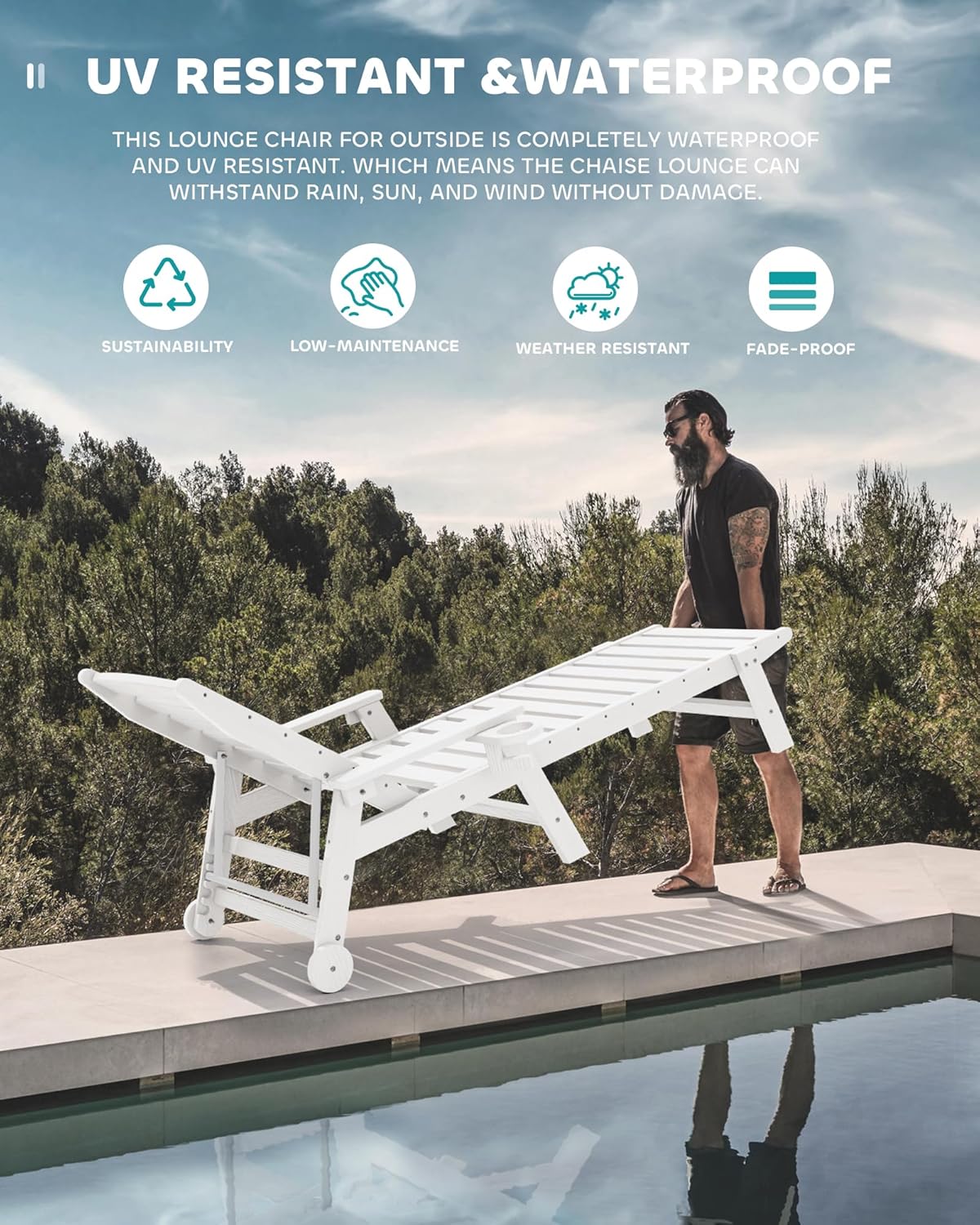 SERWALL Patio Chaise Lounge Chair Set of 6, 5 Positions Adjustable Poly Outdoor Lounge Chair for Pool, HDPE Lounge Chair with Rolling Wheels & Cup Holder for Poolside, Deck, White