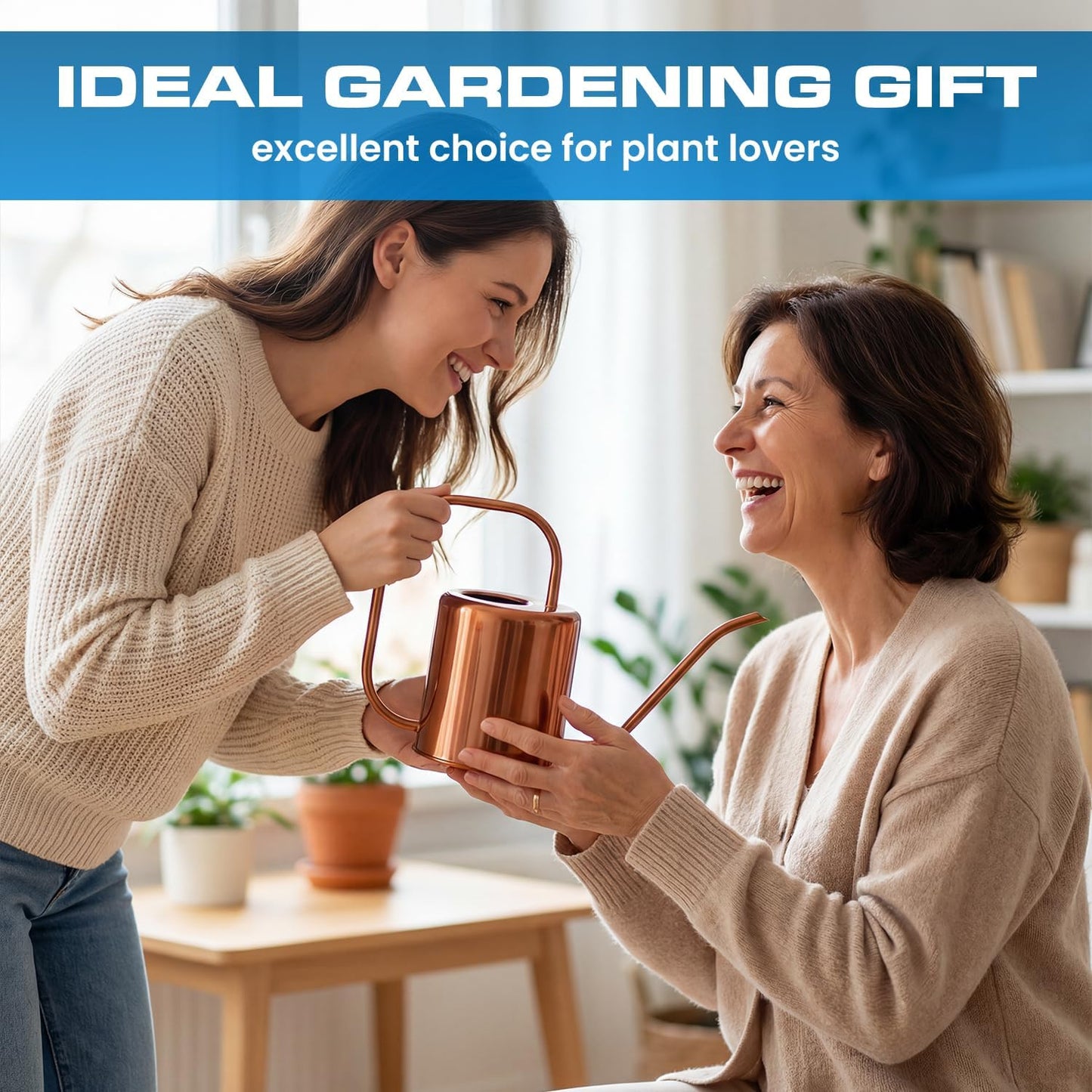 Plexon Rose Gold Metal Watering Can Indoor Plants, 54 oz Stainless Steel Long Spout Watering Can Outdoor House Plant Flower, Garden