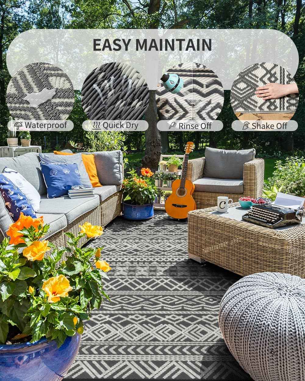 MontVoo-Outdoor Rug Waterproof 6x9 ft Outdoor Carpet Patio Rug Mat Reversible RV Camping Rug-Plastic Straw Rug Outside Outdoor Area Rug for Patio Deck Balcony Backyard Picnic Beach -Boho Grey