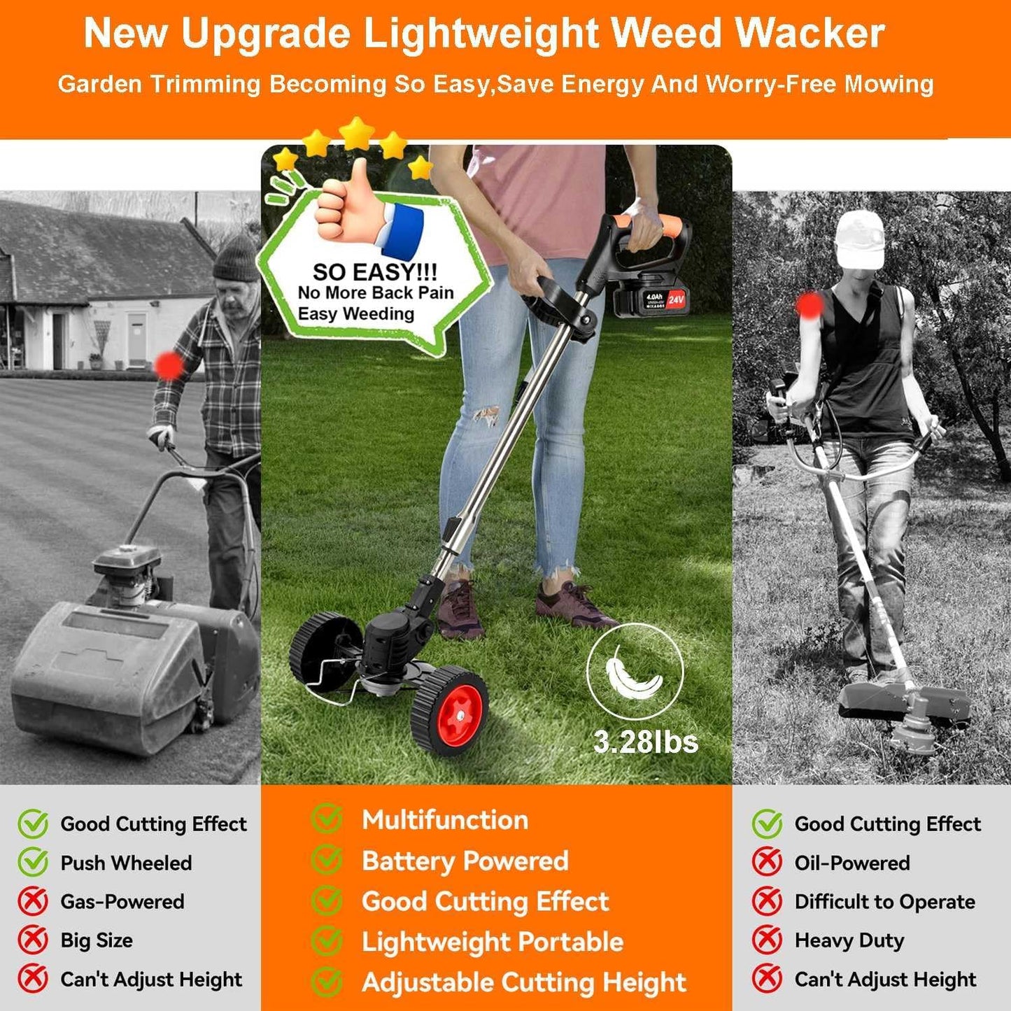 Electric Weed Wacker Cordless,24v Weed Eater Battery Powered 3 In 1 Lightweight Grass Trimmer With 2 4.0 Ah Batteries & Charger, Weed Eater With Blade & Wheels For Women,Lawn Care,Garden,Yard (Orange)