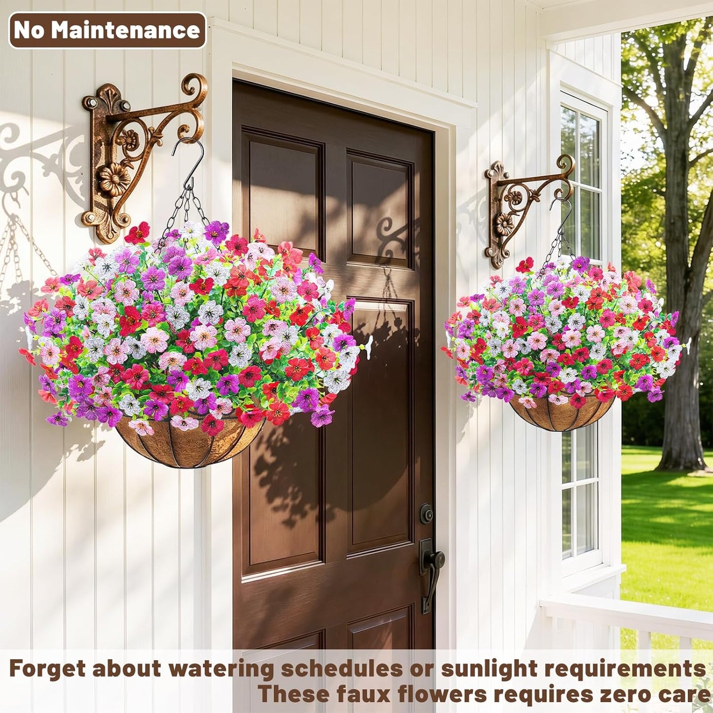 2 Pack Artfiticial Hanging Flowers Baskets for Outdoors, UV Resistant Faux Hanging Plants, 24 Pcs Fake Silk Flowers for Patio Garden Front Porch Balcony Decor (Mix 4 Colors)