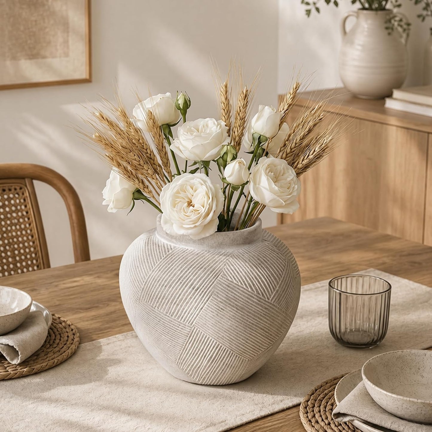 DREAMLOOM Ceramic Flower Vase, 9.3 inch Farmhouse Rustic Vintage Vases, Decorative Pottery Terracotta Vases for Home Decor, Living Room Dining Table Wedding Centerpieces