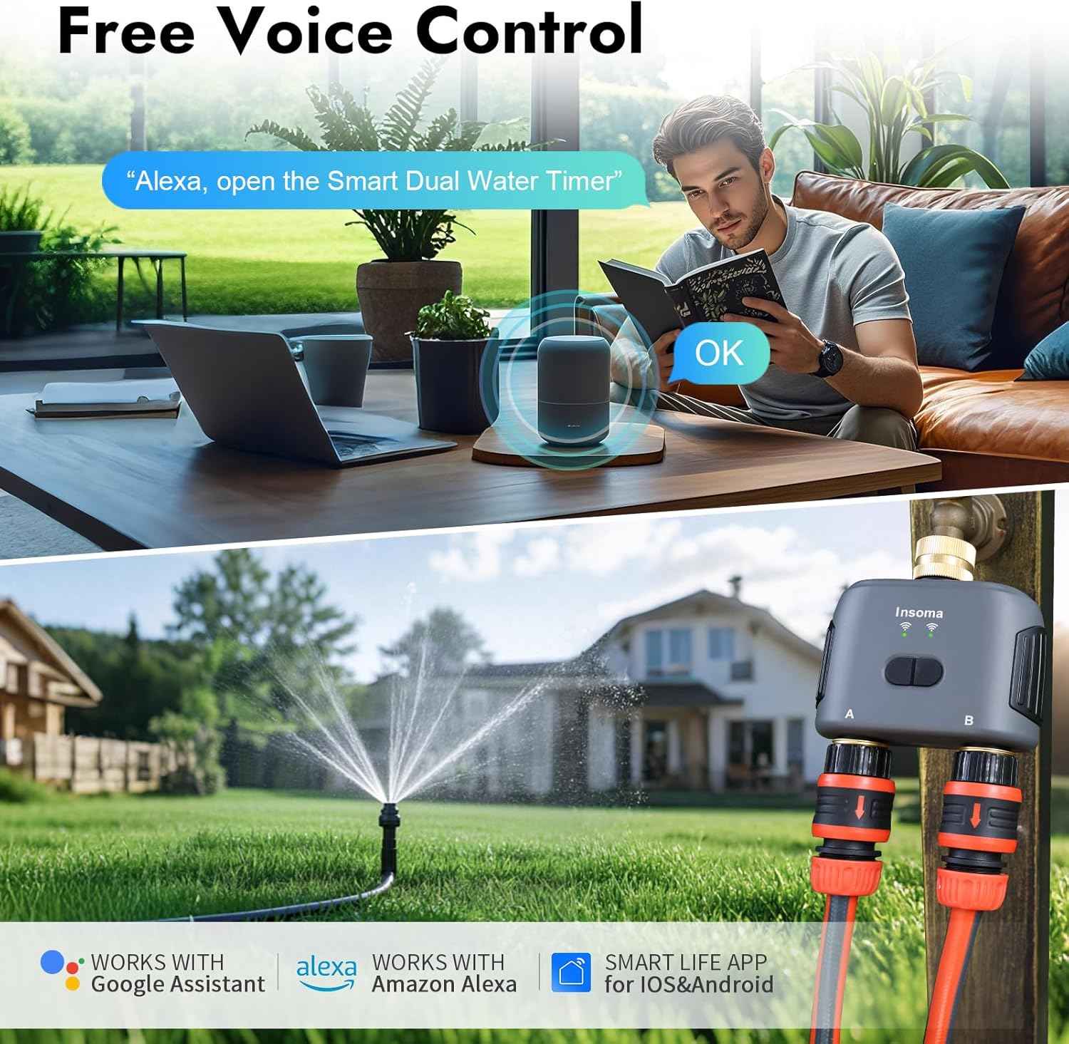 WiFi Water Timer for Garden Hose with Brass Inlet & Outlet,Smart Hose Timer with WiFi Hub, APP & Voice Control,Up to 20 Watering Plans, 2-Zone Sprinkler Drip Irrigation System Controller for Watering