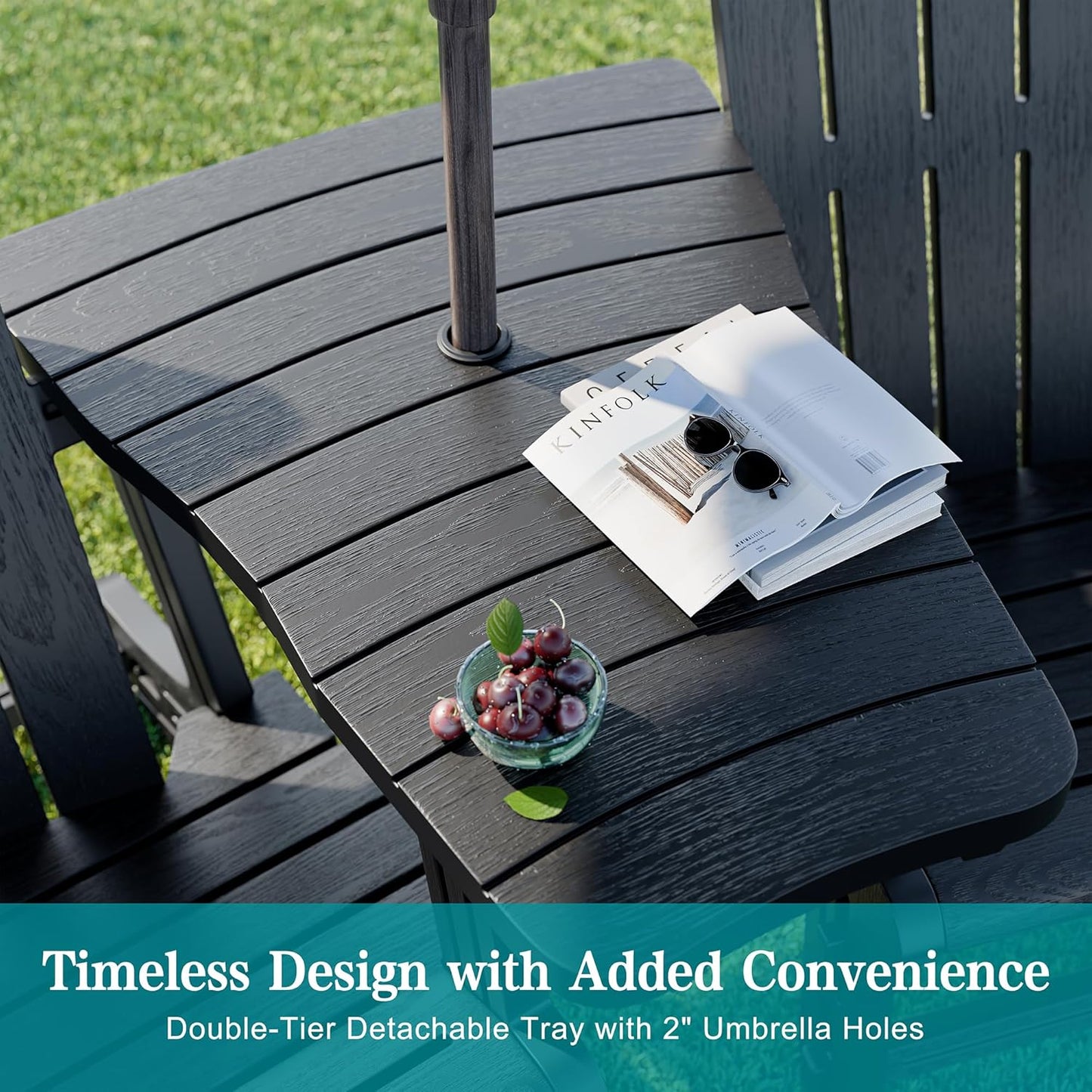 JY QAQA Outdoor Adirondack Chair Set of 2 with Detachable Table & Ottoman, All-Weather HDPE Patio Furniture with Wood Texture & Cup Holder for Patio, Poolside, Garden, Black